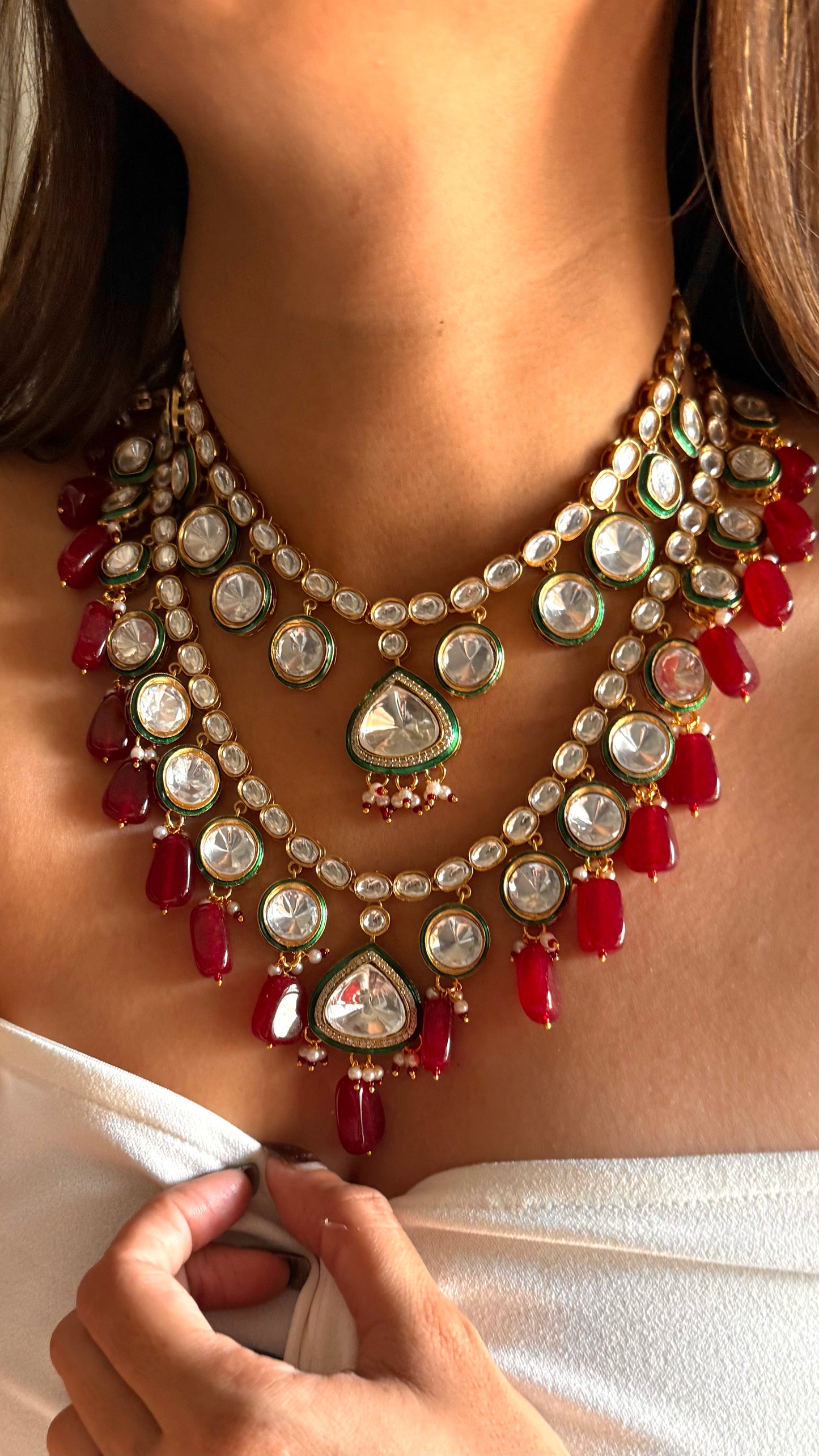 Emerald meenakari polki with ruby drops