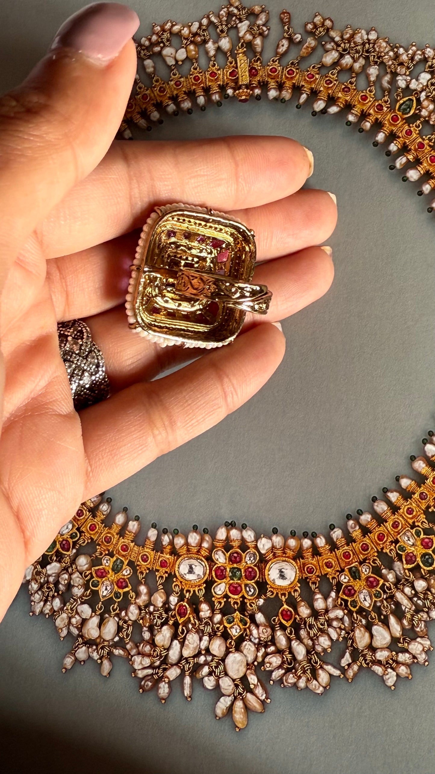Rani pink katdana white pearl adjustable ring