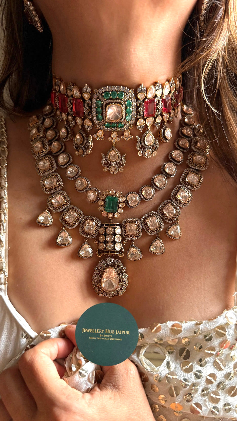 Rani pink ruby & emerald doublets uncut peeli polki combo necklace