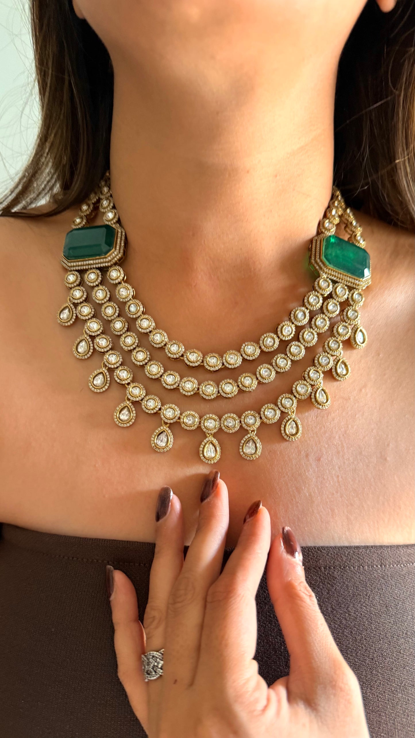 Chitra Emerald doublet moissanite triple layer necklace