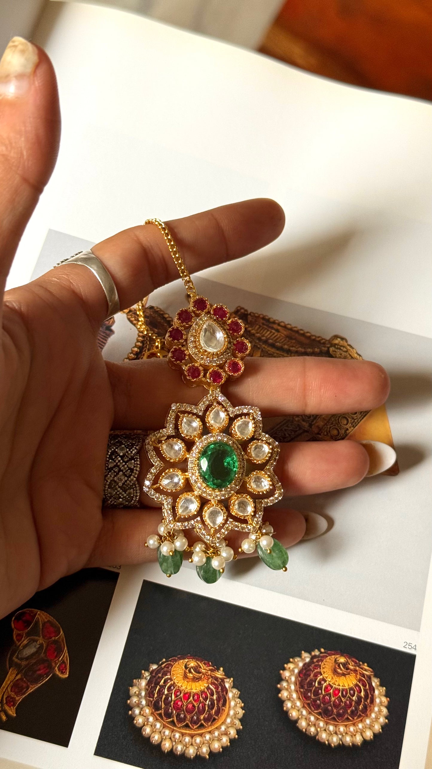 Emerald doublet & rani pink floral moissanite maangtika