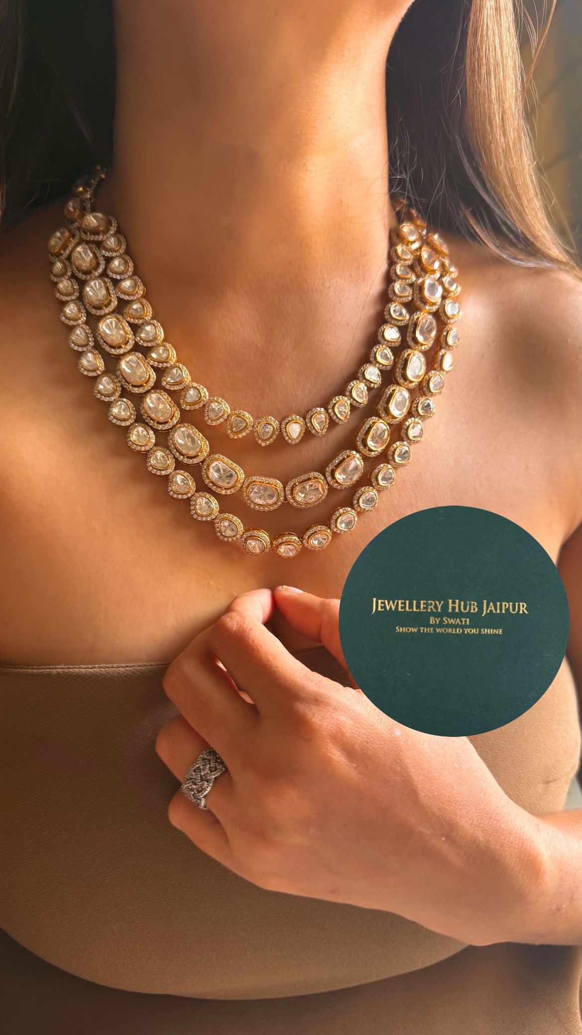 Real uncut moissanite polki triple layered collar set