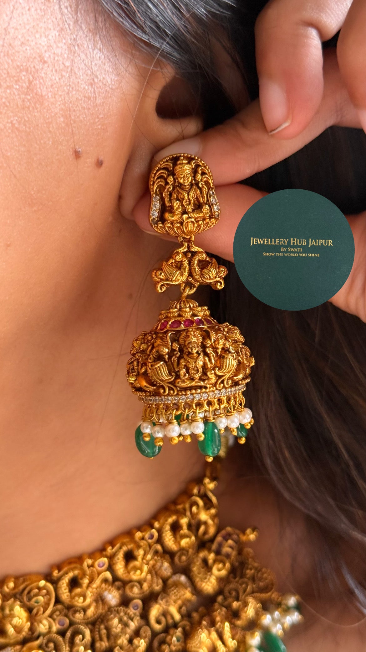 Goddess laxmi & peacock design with emerald & pearl drop temple choker set