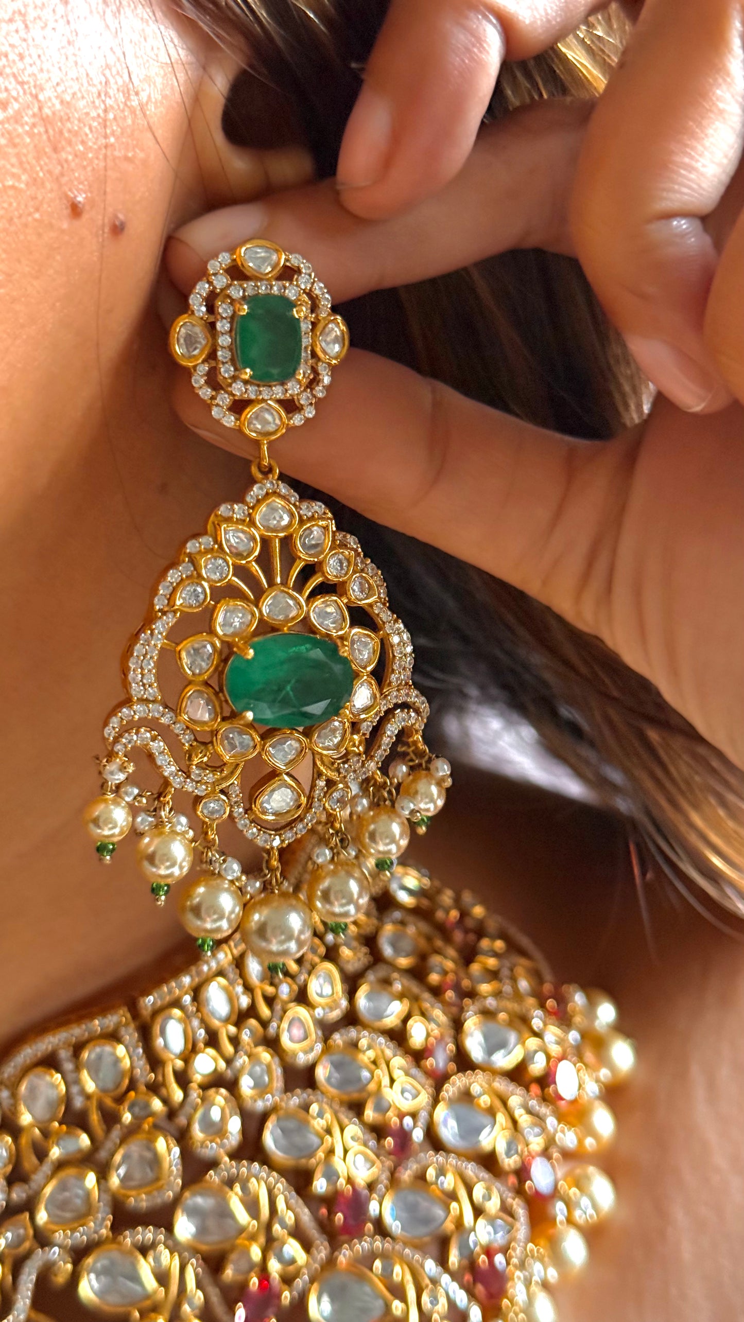 Rose Quartz & Emerald designer Polki Bridal Necklace