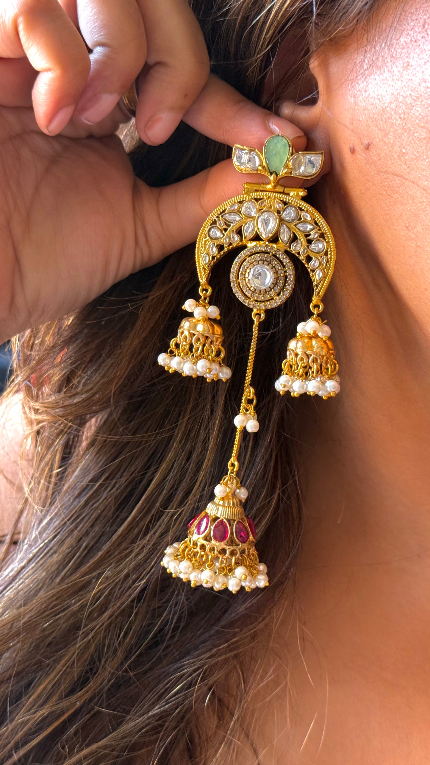 Amrapali inspired emerald ruby triple jhumki danglers