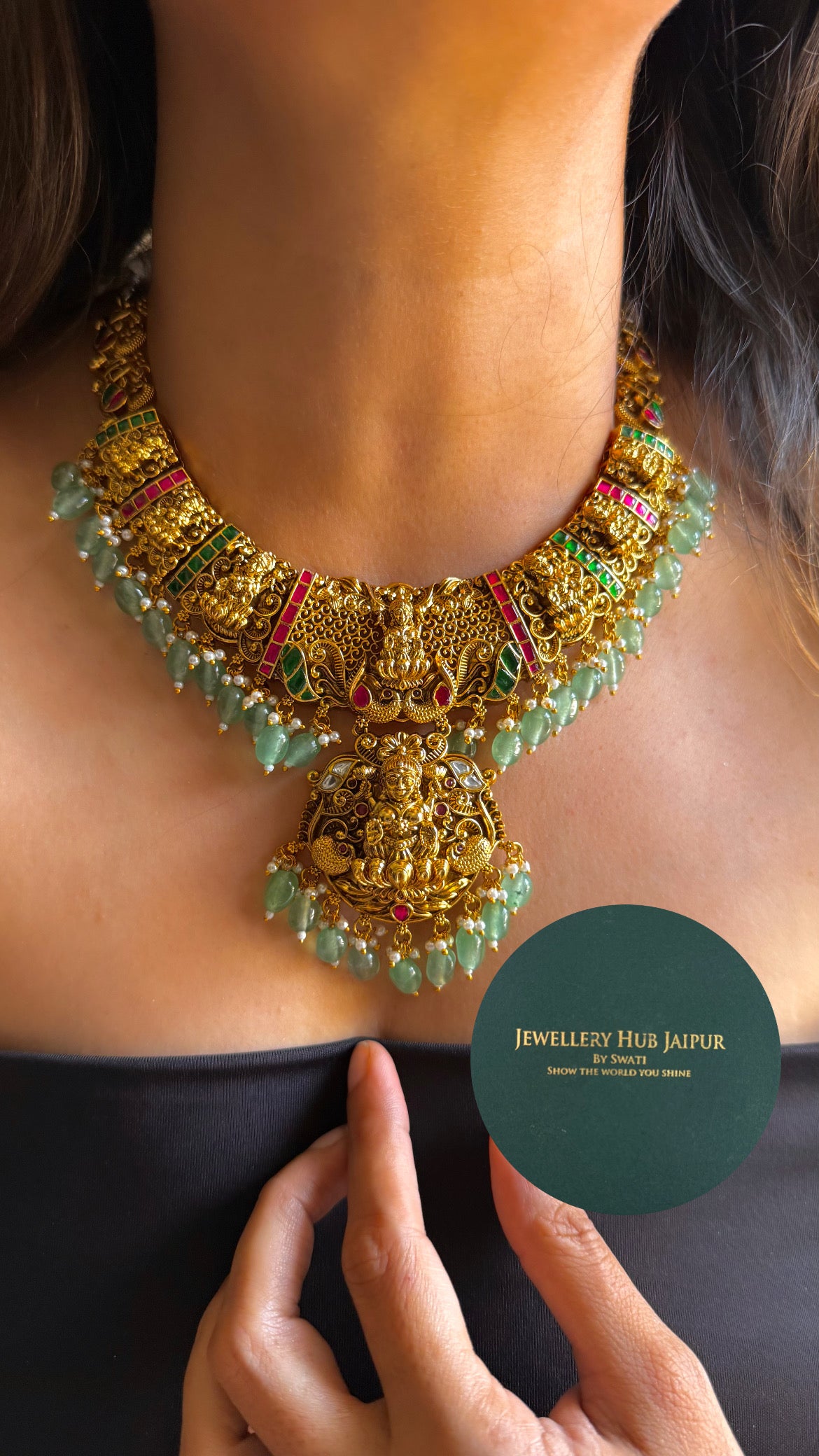 Goddess laxmi on lotus with mint drop temple collar set