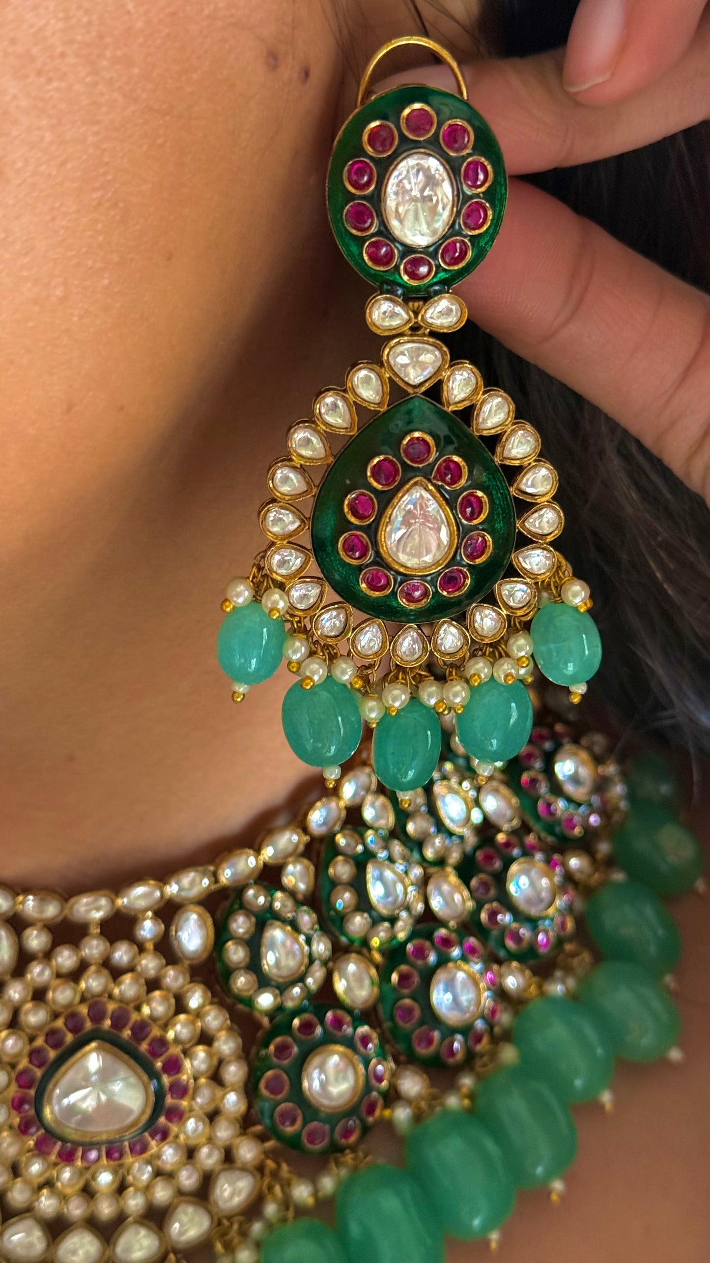 Ruby & emerald meenakari choker with mint drops