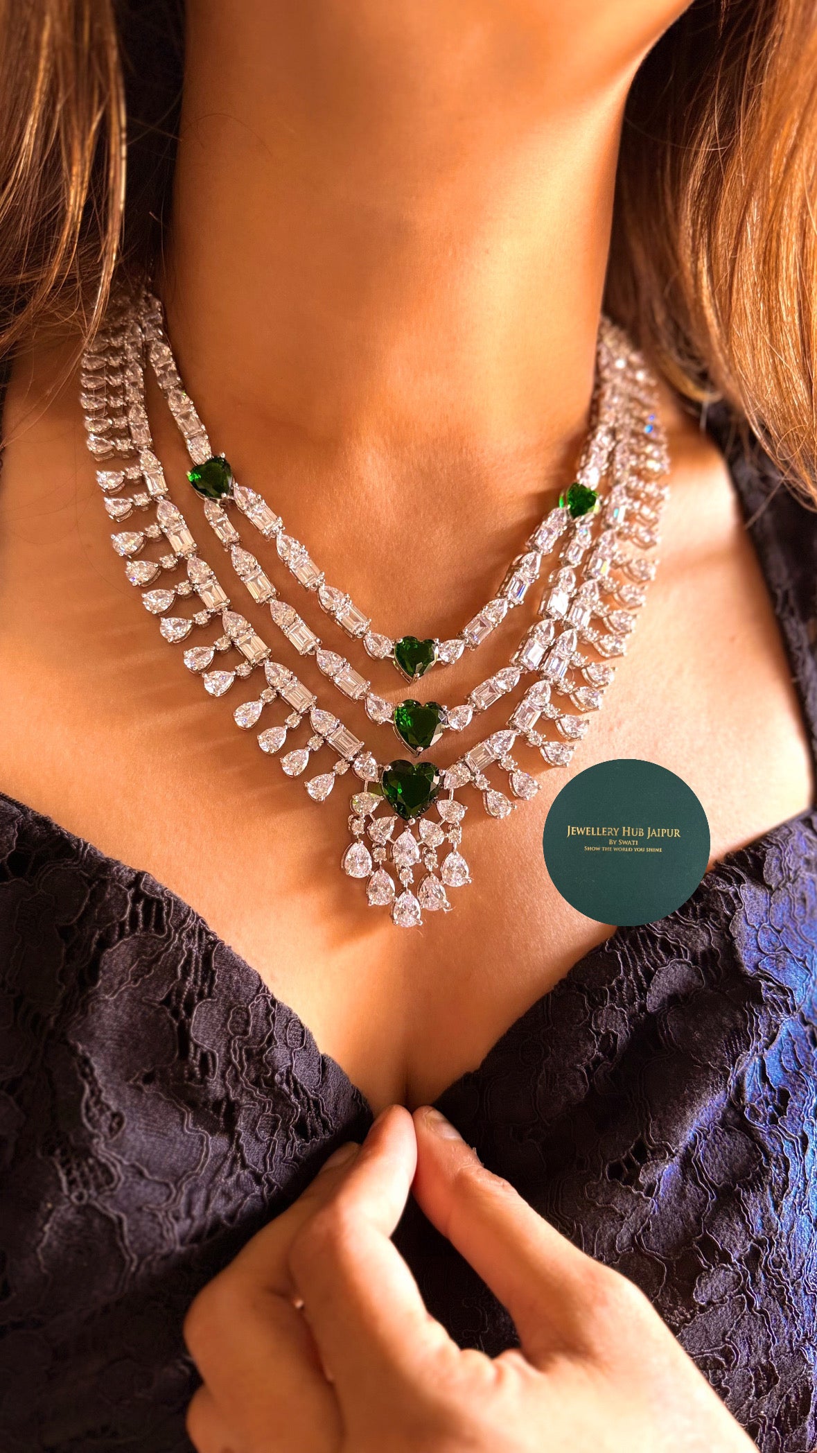 Soni Emerald heart diamond triple layer necklace