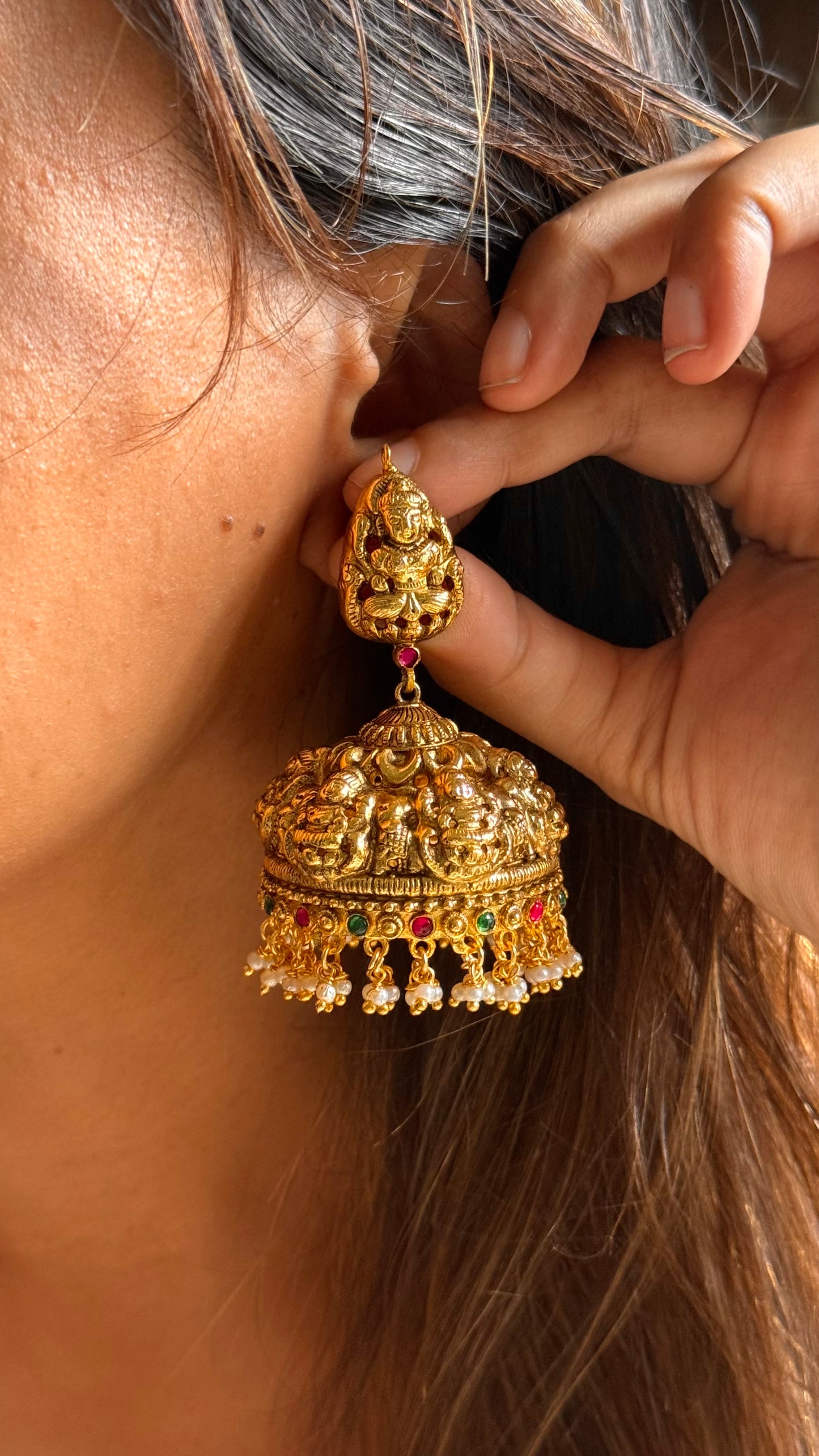 Goddess laxmi rani pink & emerald temple jhumka