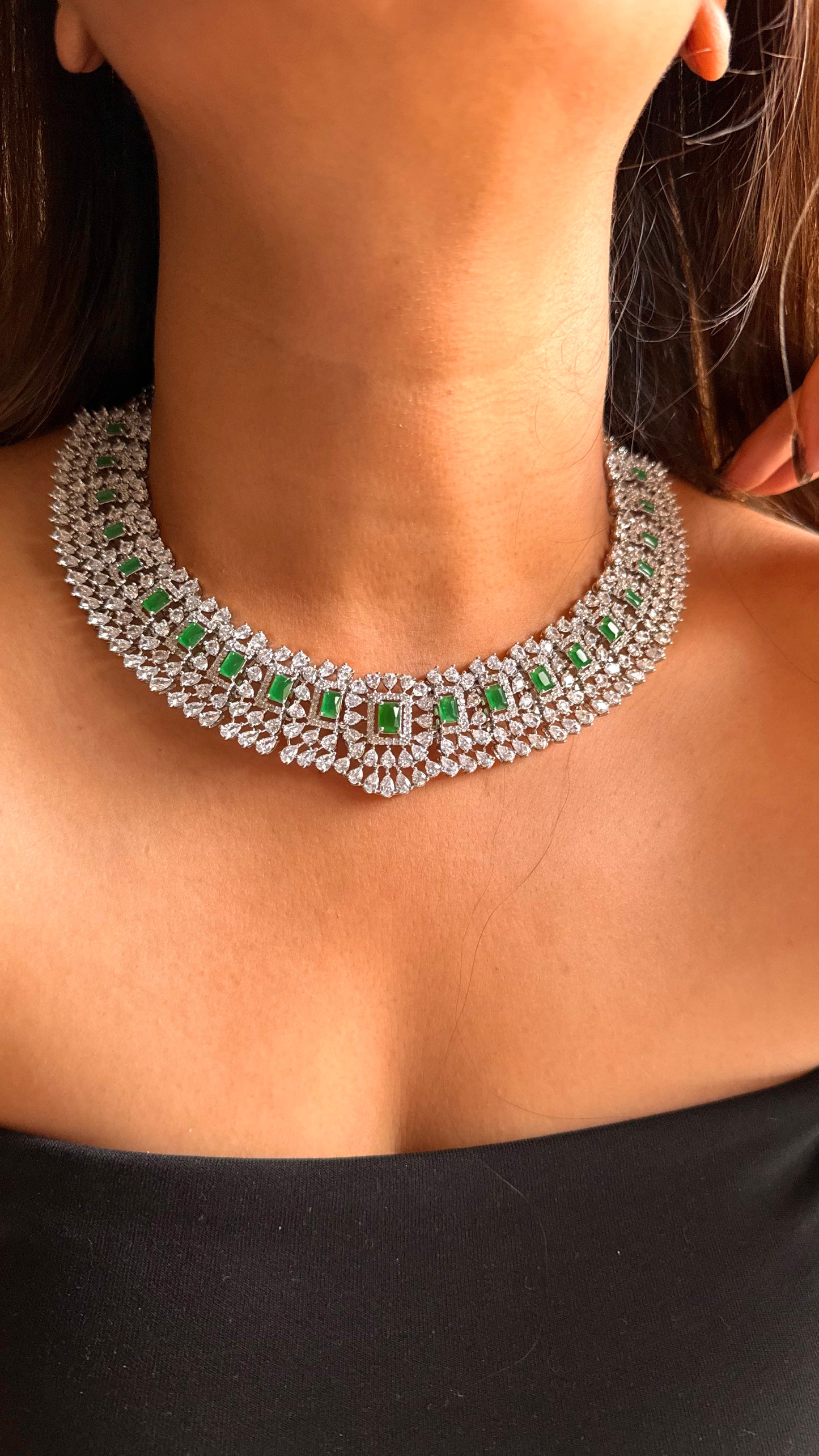 Emerald doublet cz diamond necklace