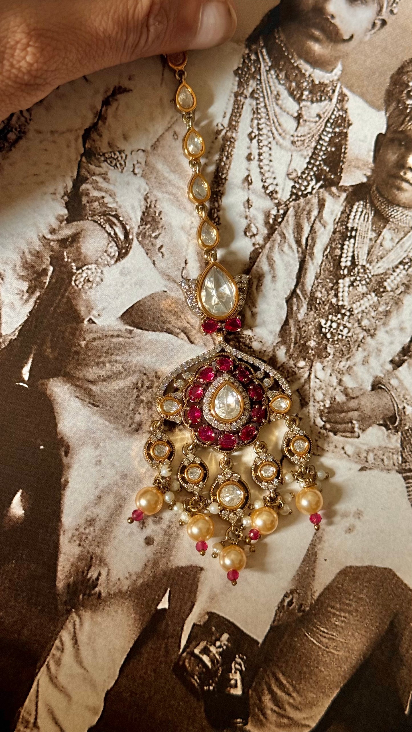 Rani pink moissanite with pearl drop maangtika