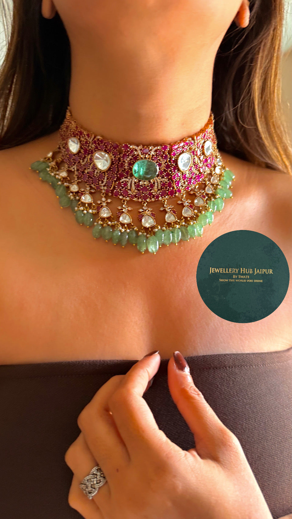 Tiana Rani pink moissanite & mint doublet polki choker