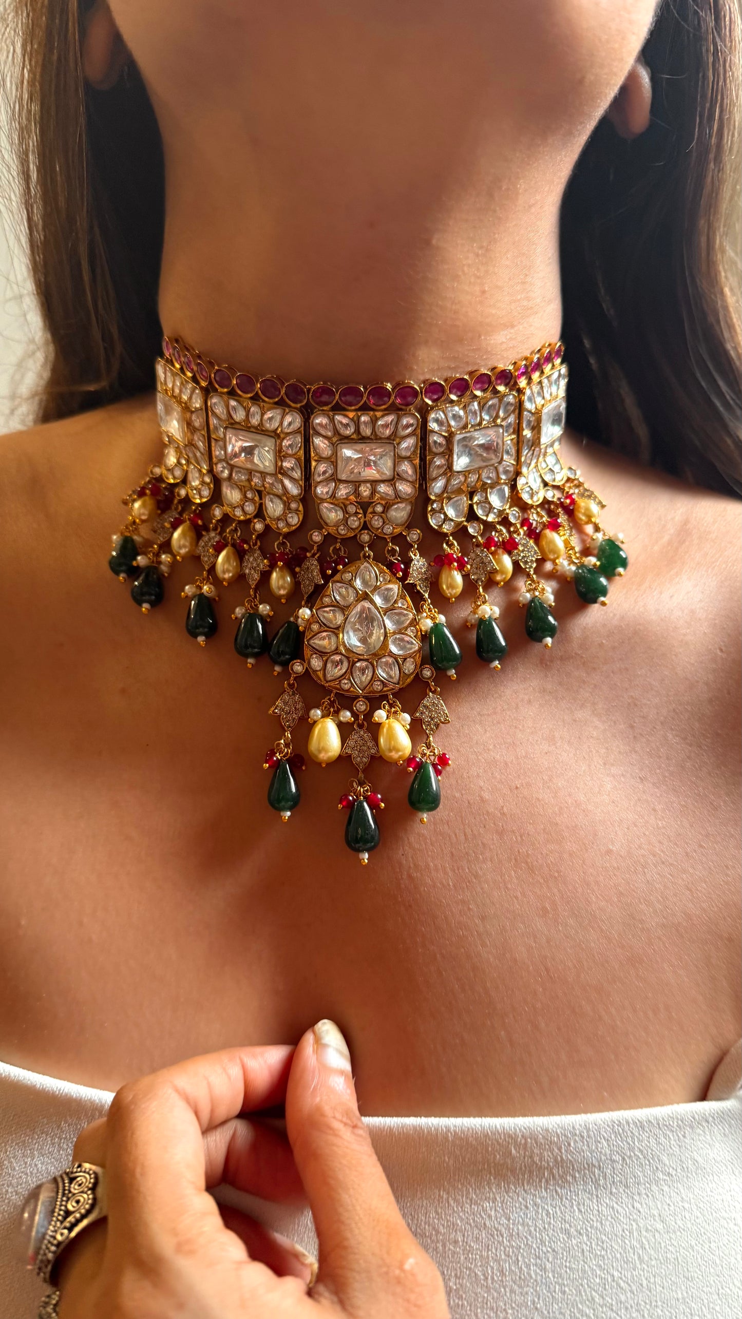 Ruby & polki kundan with emerald & pearl drop choker set