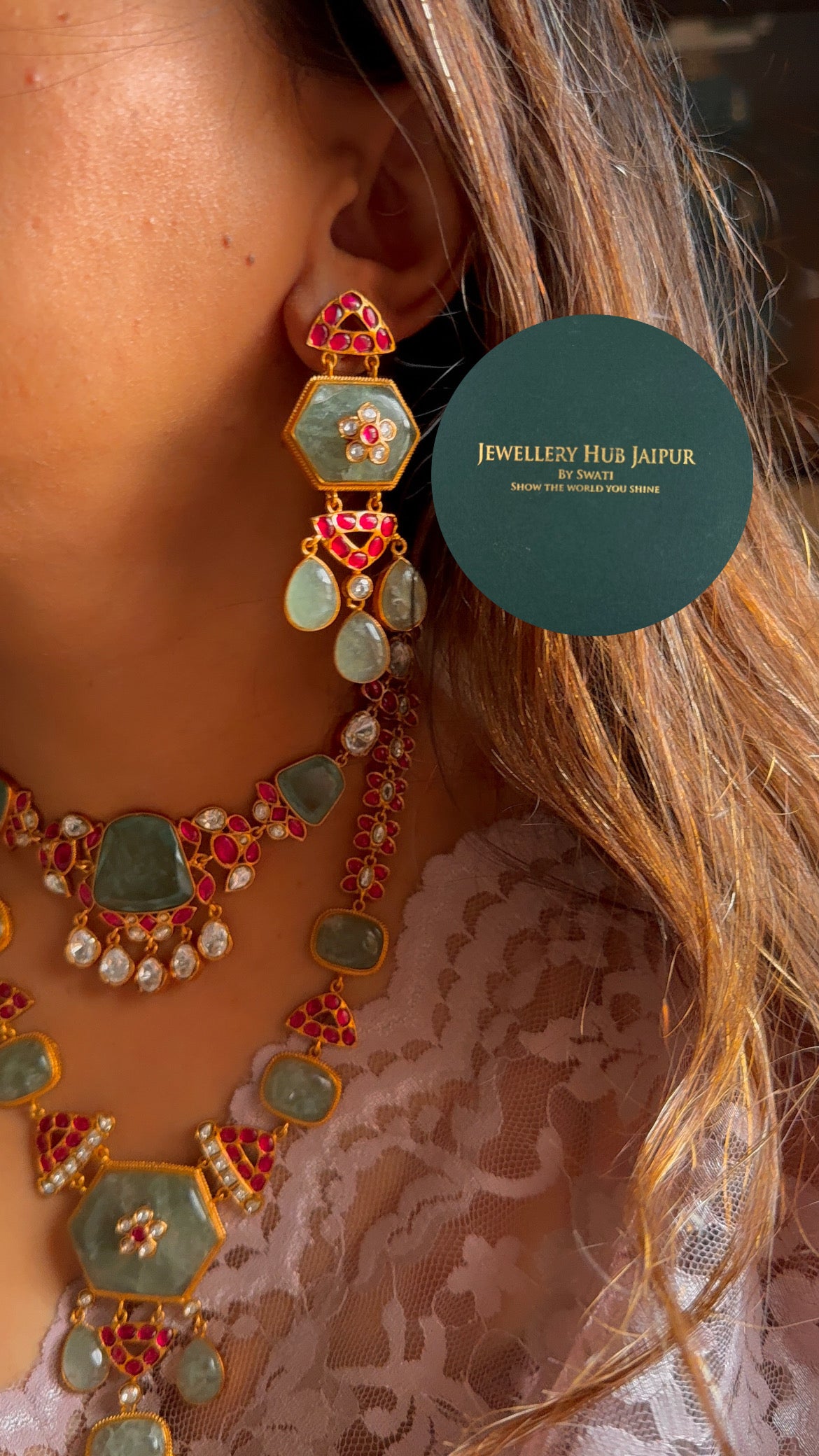 Amrapali inspired Natural stone Mint inlay & rani pink mid length set