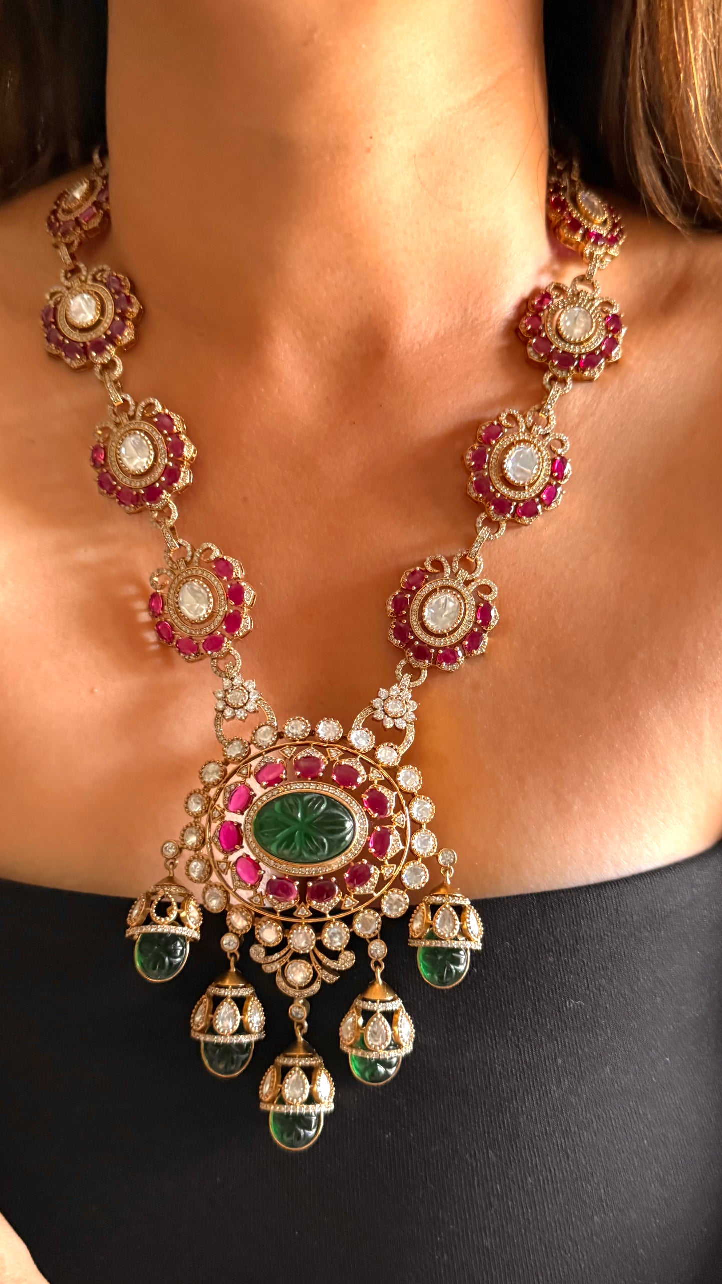 Masterpiece Emerald doublet inlay with rani pink moissanite set