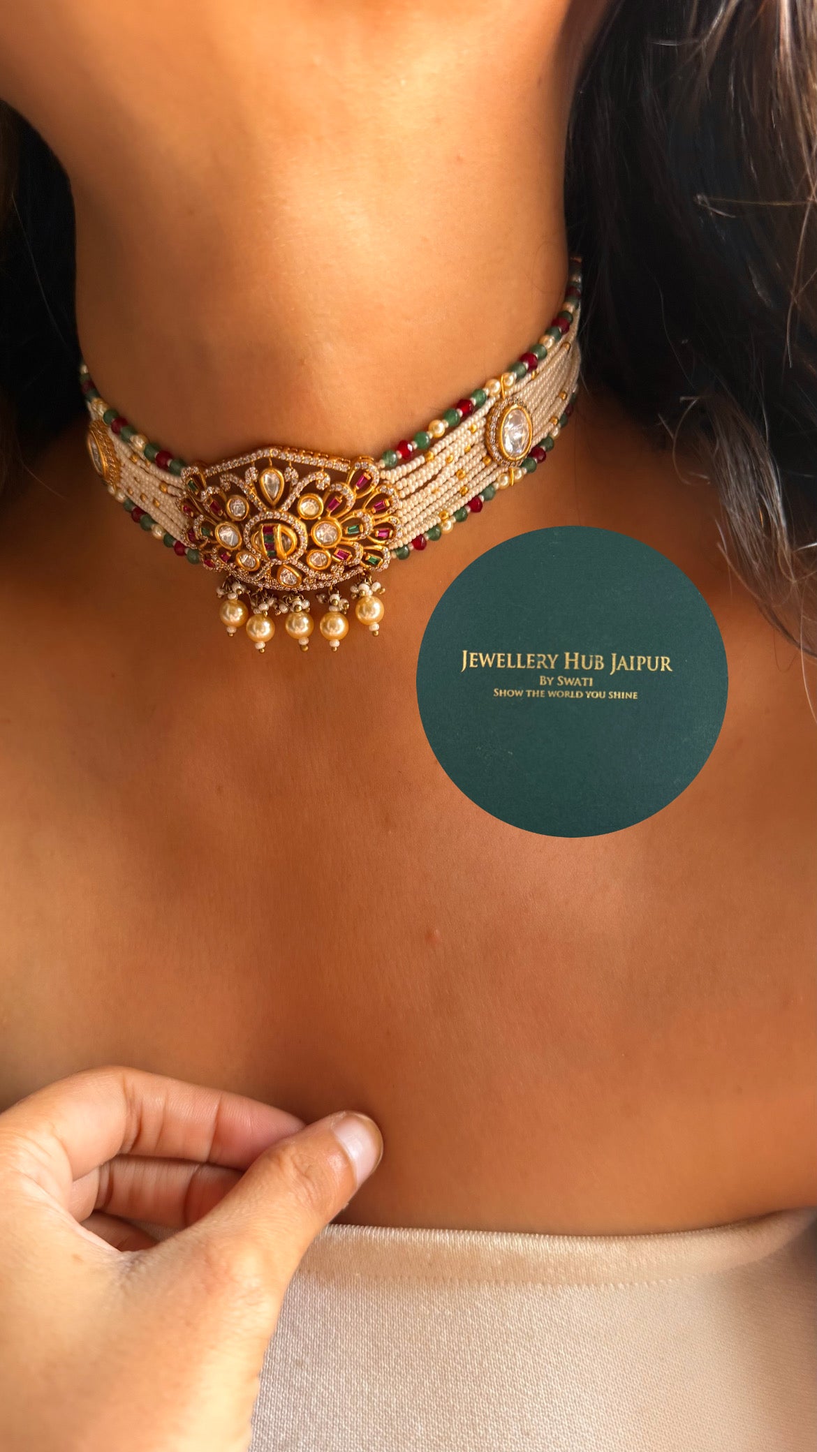 Rani pink & emerald moissanite with pearl drop rajwada choker set