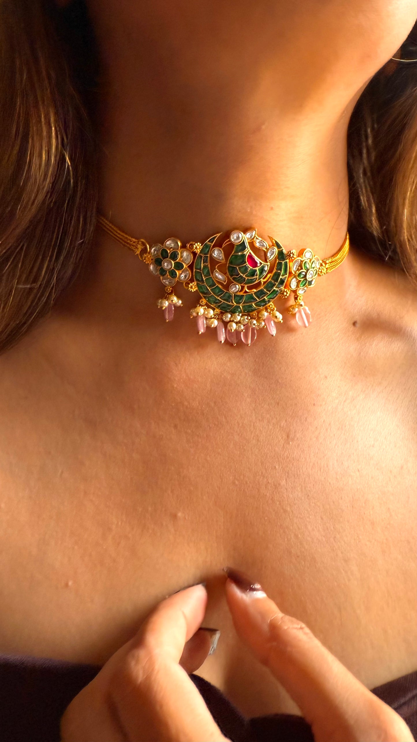 Emerald & rani pink katdana floral rajwada choker