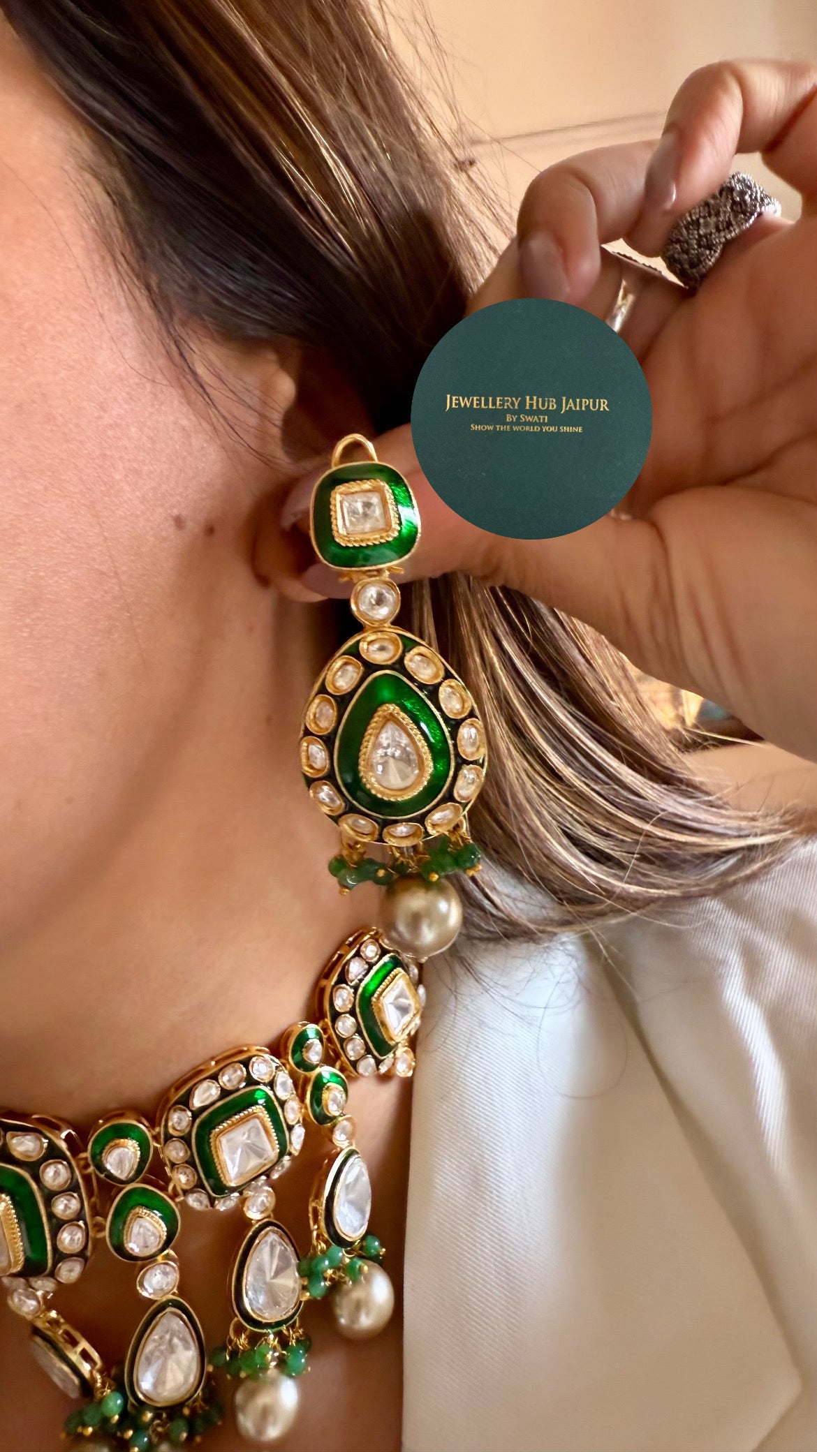 Paanabindu Emerald meenakari with cocktail drop with earrings