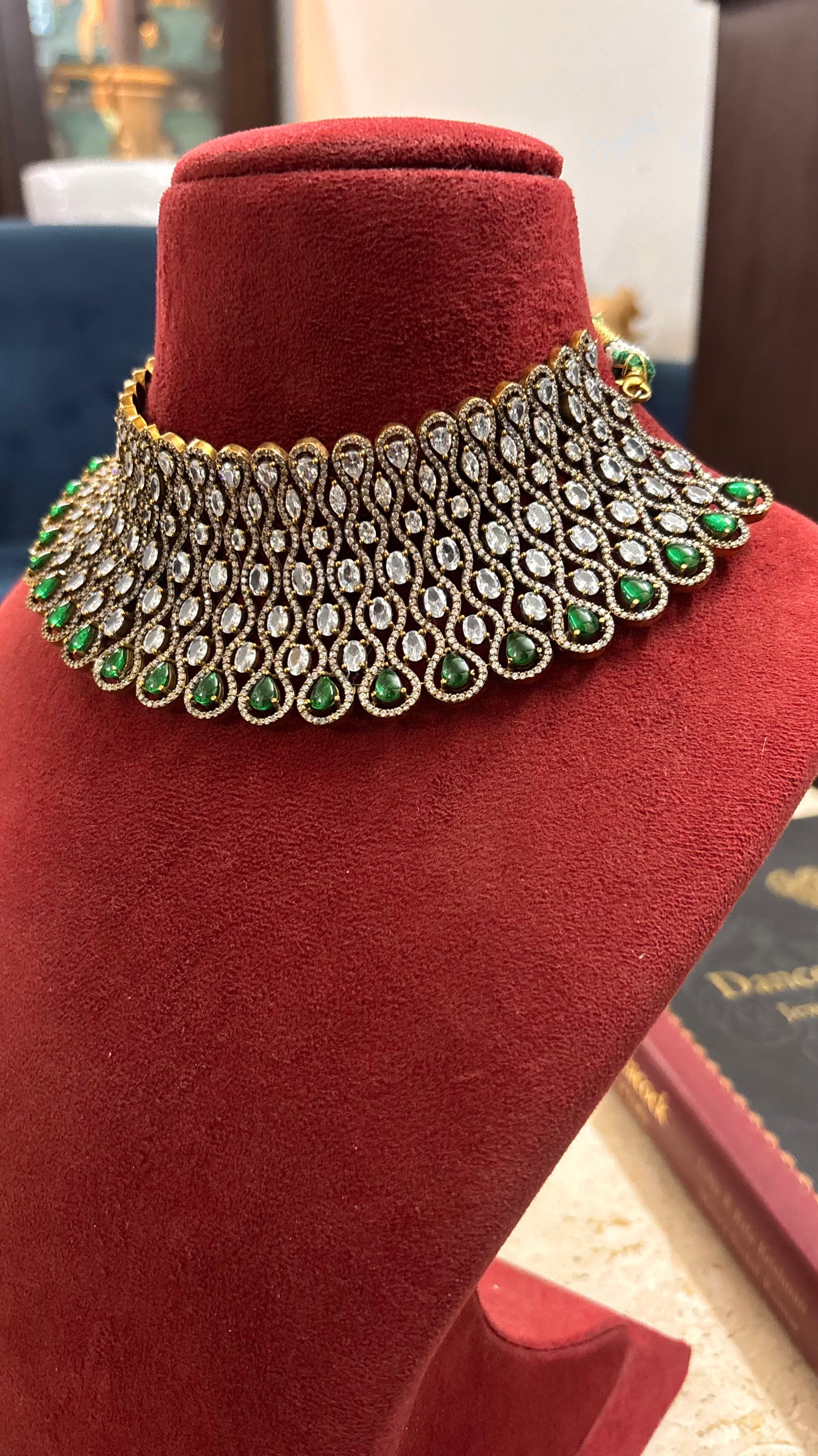 Risha emerald doublet and moissanite designer choker set
