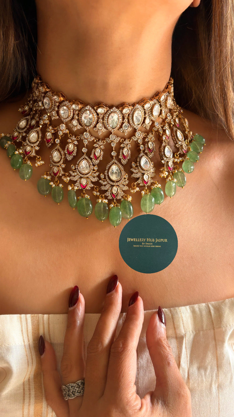 Bridal asia mint and rani pink necklace in moissanite polki