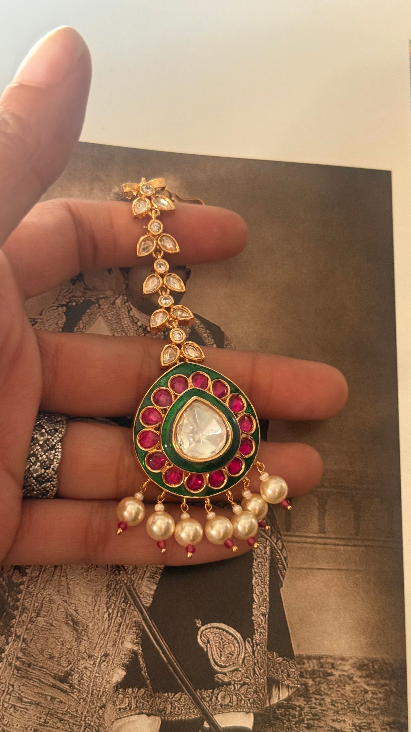 Ruby & emerald meenakari pearl maangtika