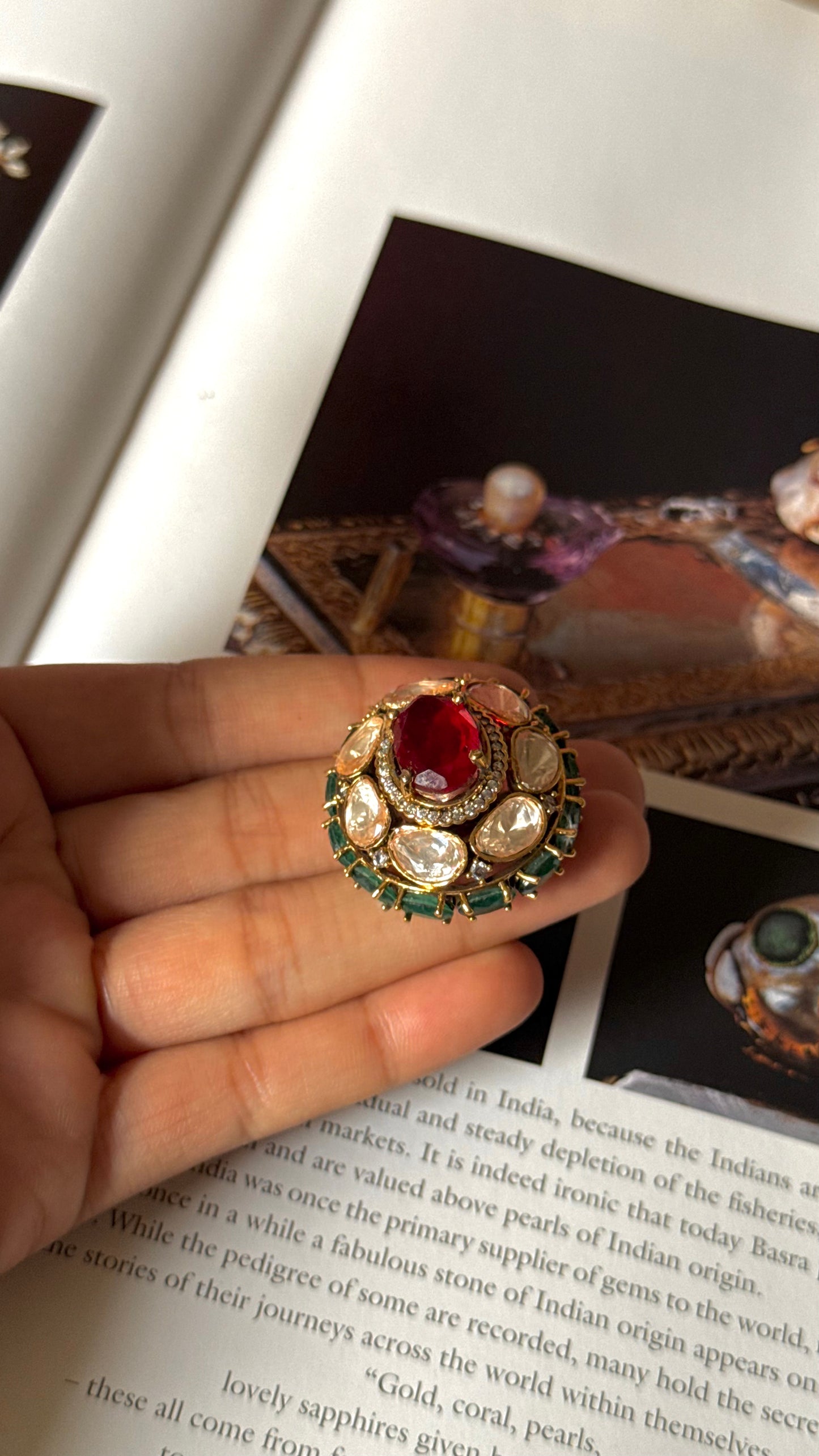 Ruby doublet & emerald peeli polki ring