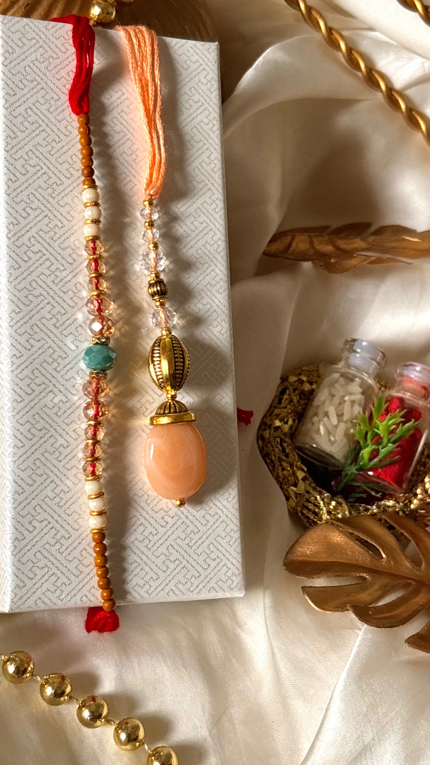 Bhaiya bhabhi lumba peach designer stone oxidised rakhi ( shipping will be extra )