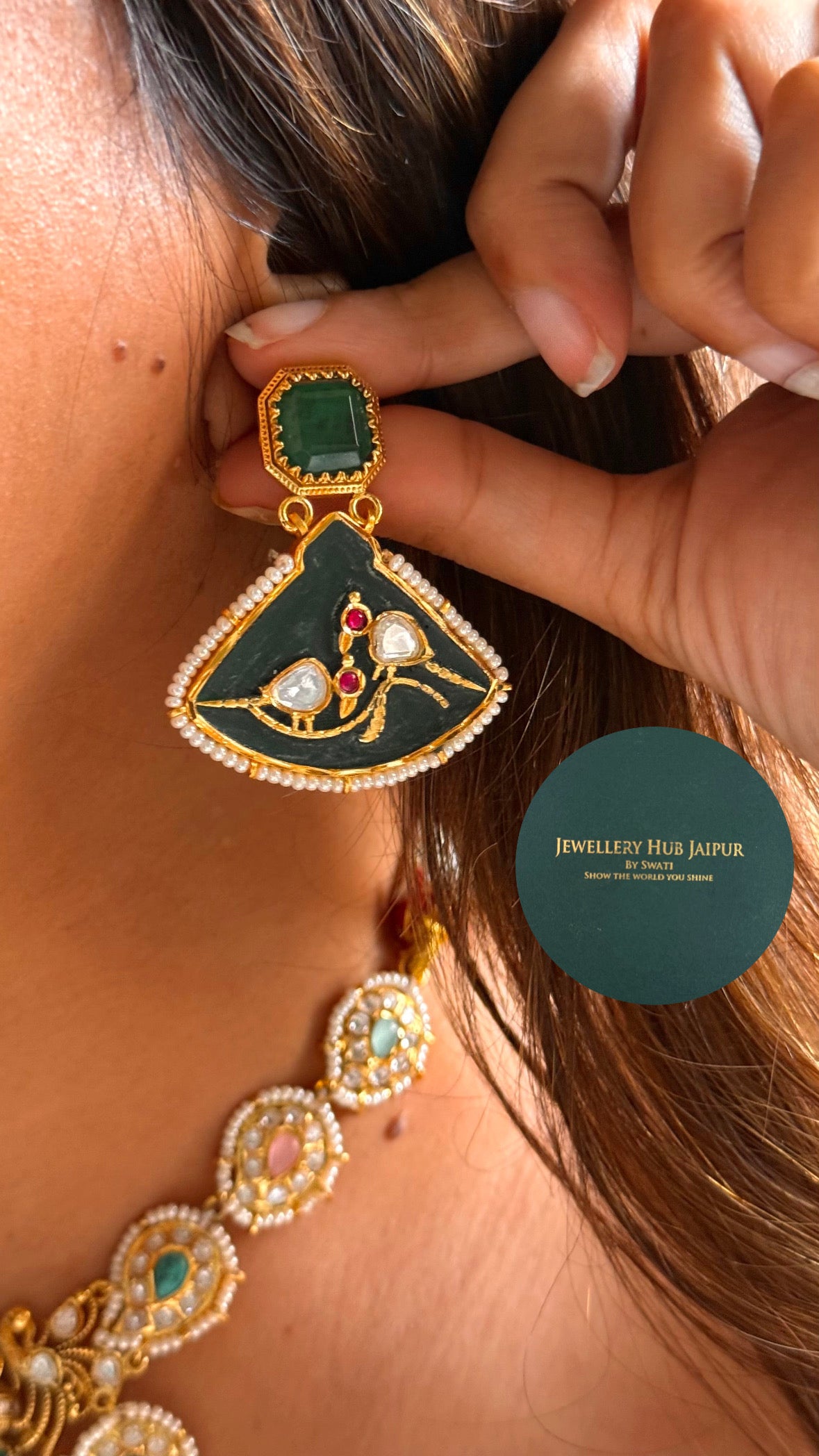 Real moissanite navratna designer inlay collar necklace