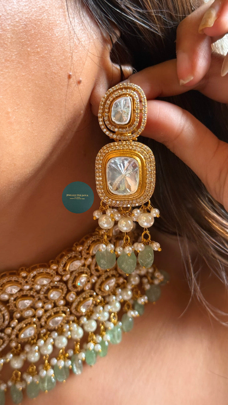 Mint inlay work in long set & mint drop & moissanite bridal set