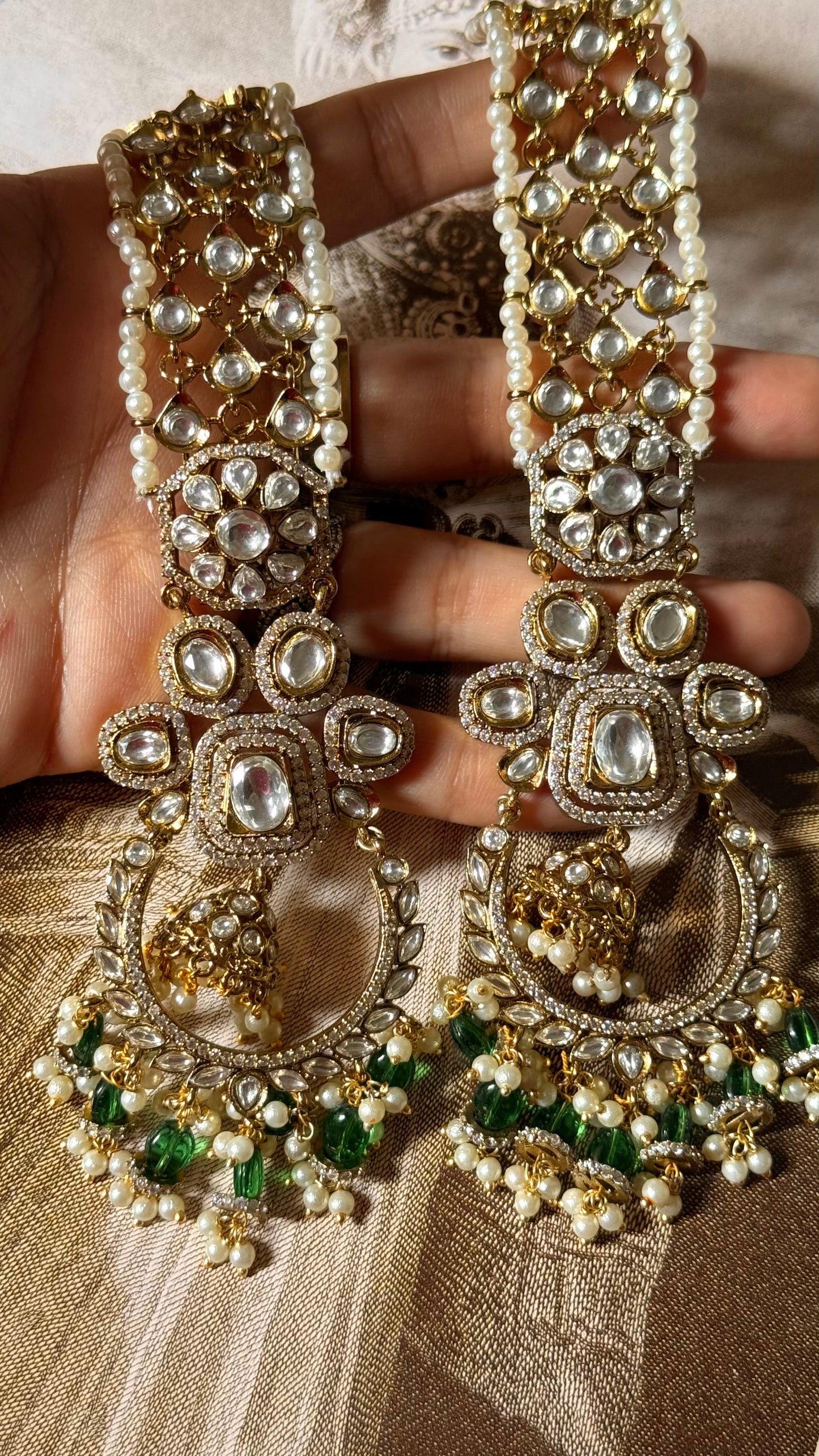 Emerald Mughal polki Chandbali with Kaanchain