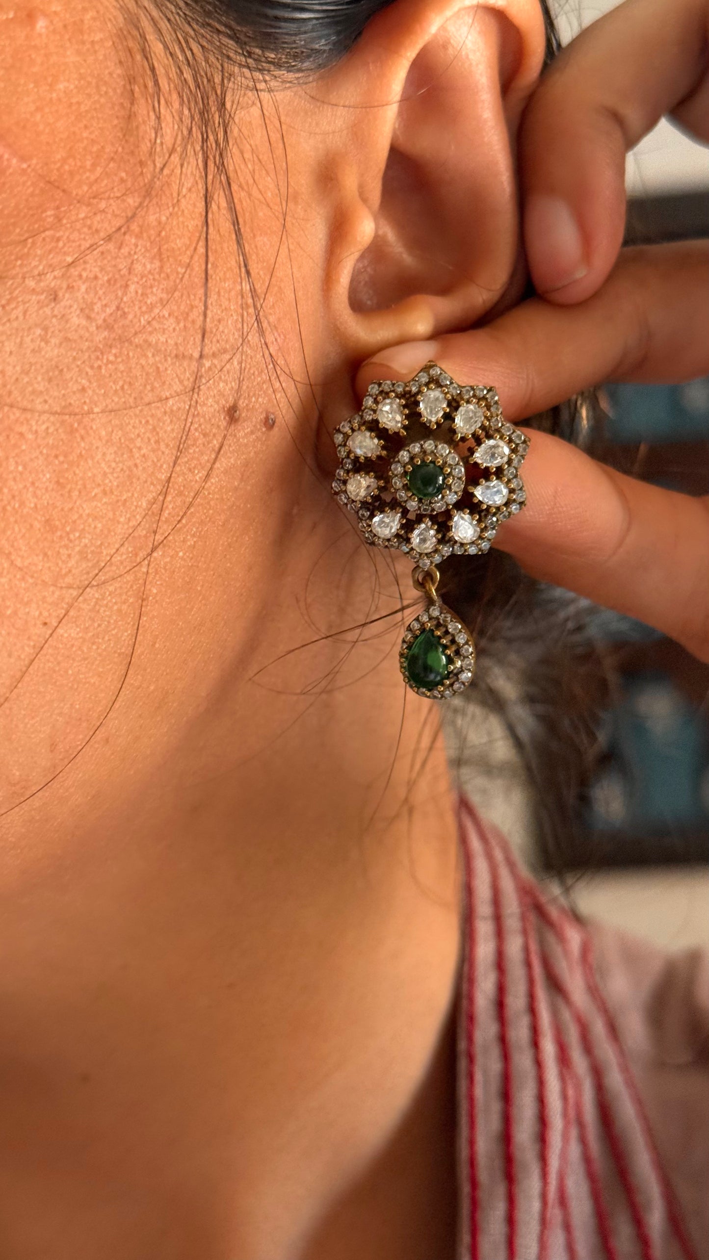 Emerald doublet moissanite victorian floral with emerald drop studs