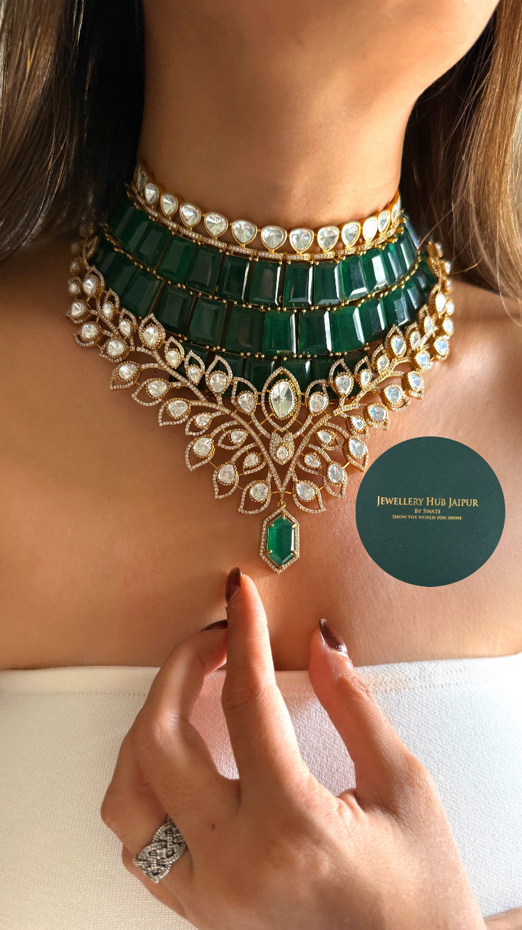 Emerald doublet Moissanite Polki leaves designer choker