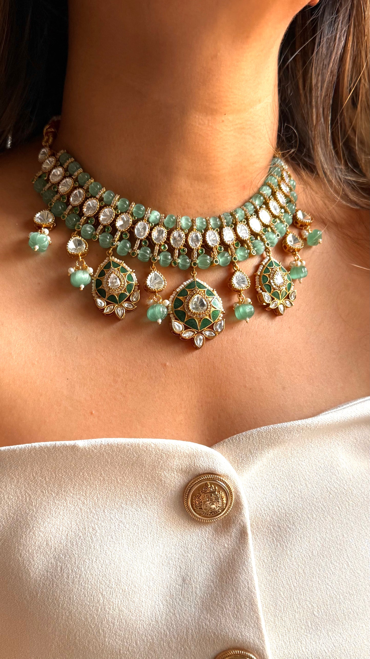 Mint doublet moissanite & emerald katdana set