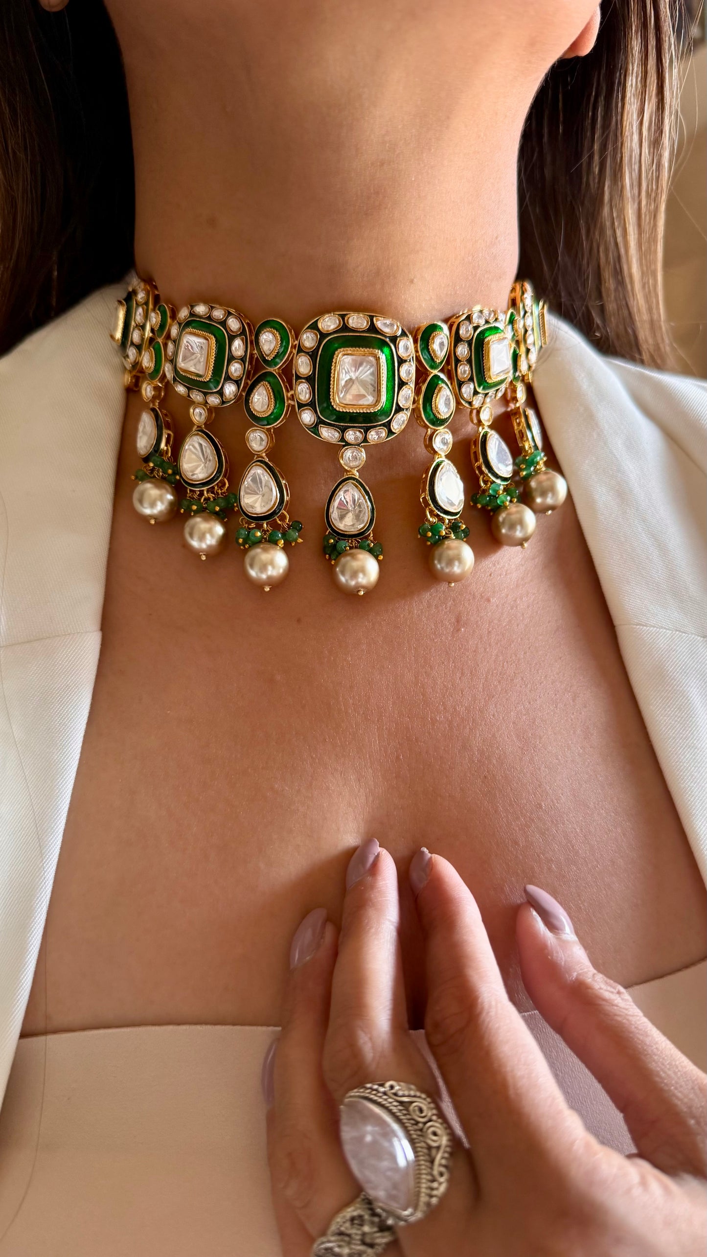 Paanabindu Emerald meenakari with cocktail drop with earrings