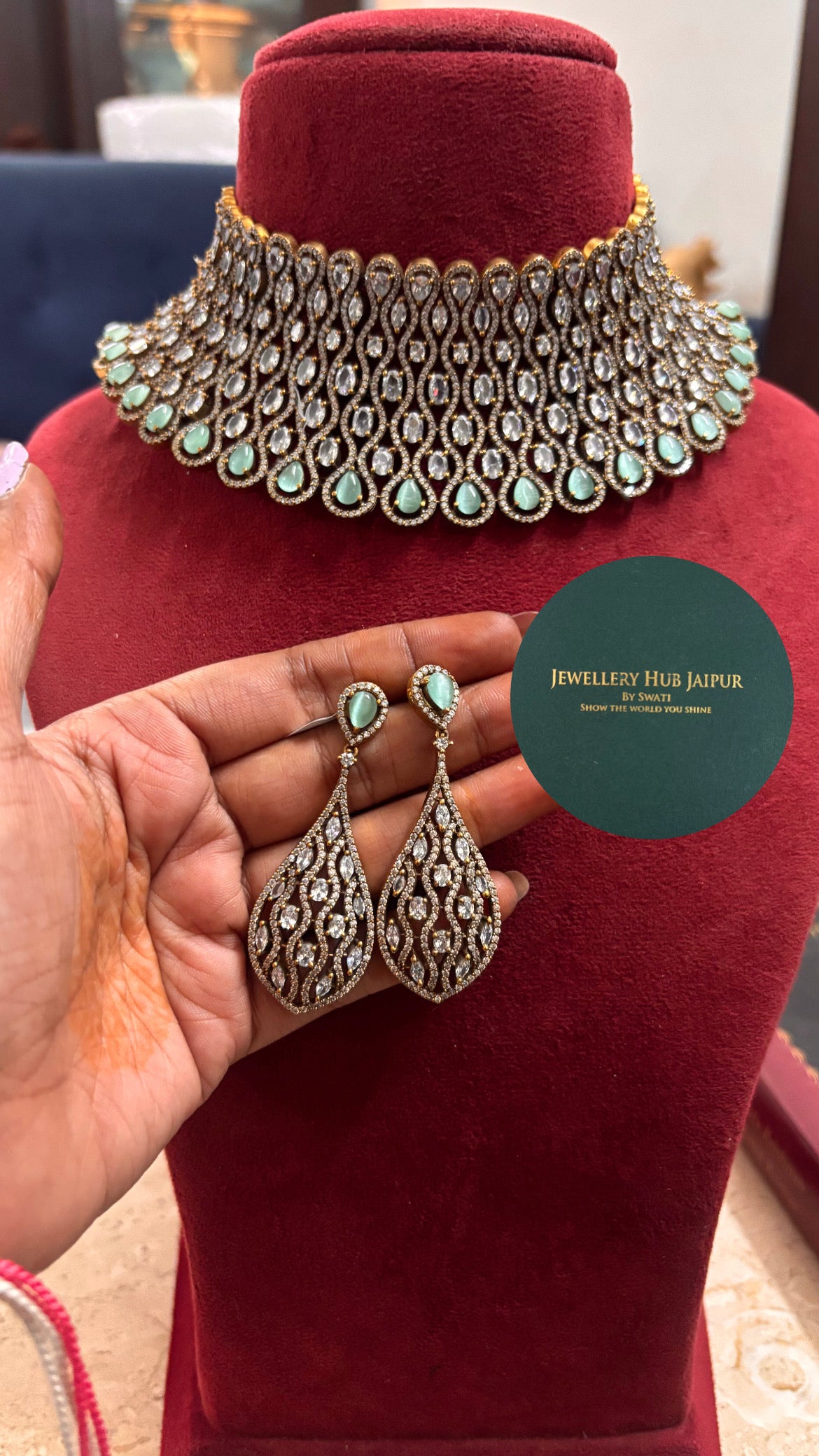 Risha mint doublet and moissanite designer choker set