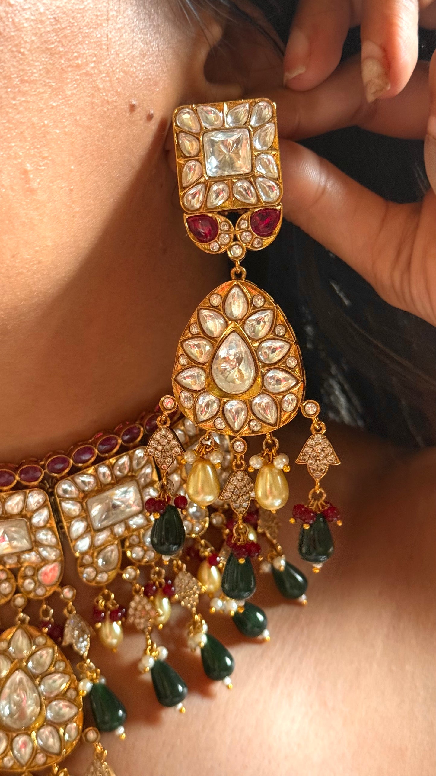 Ruby & polki kundan with emerald & pearl drop choker set