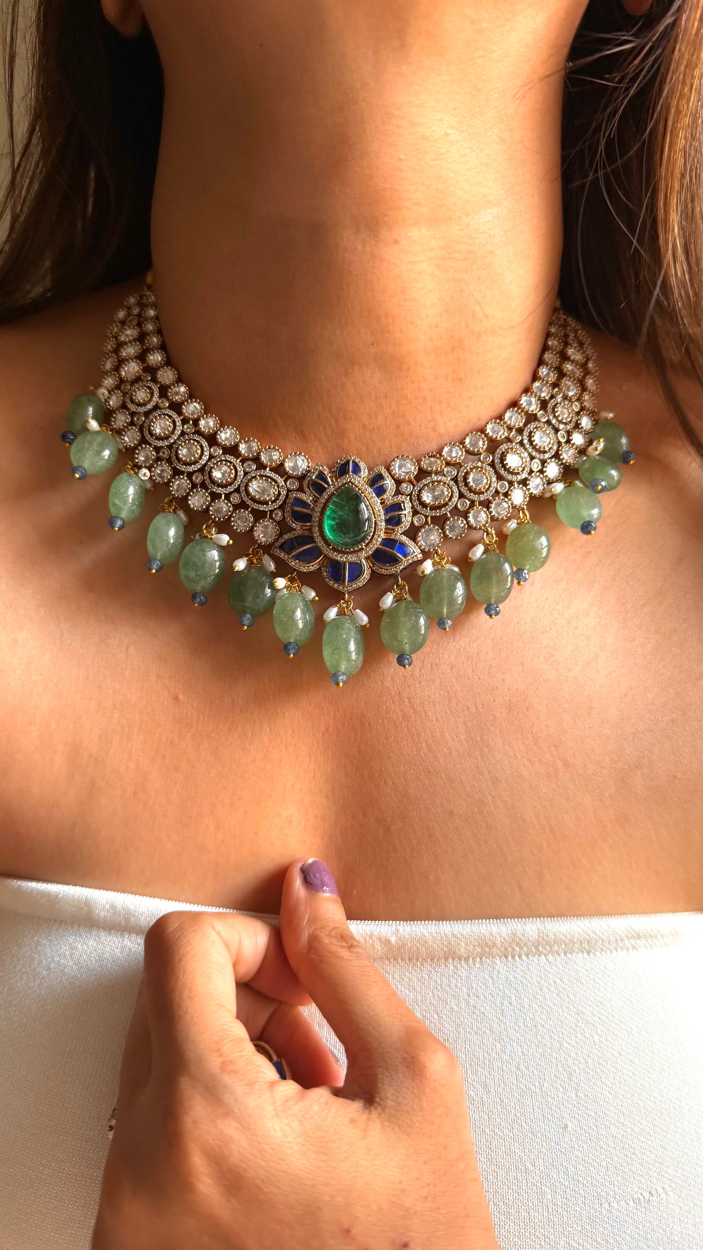 Emerald doublet & sapphire katdana moissanite collar set