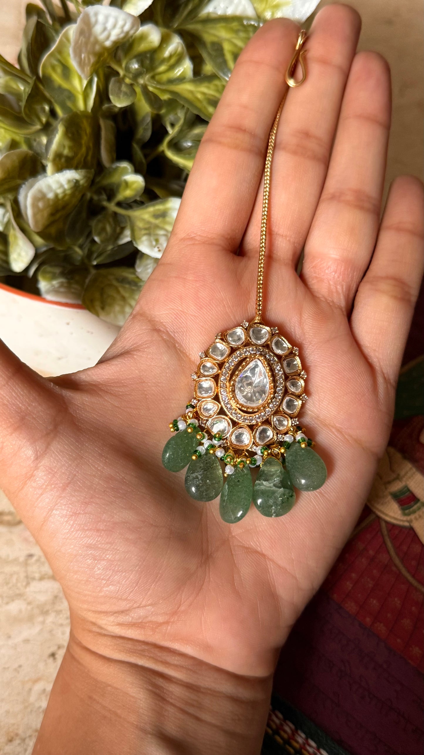 Moissanite polki with mint drop maangtika