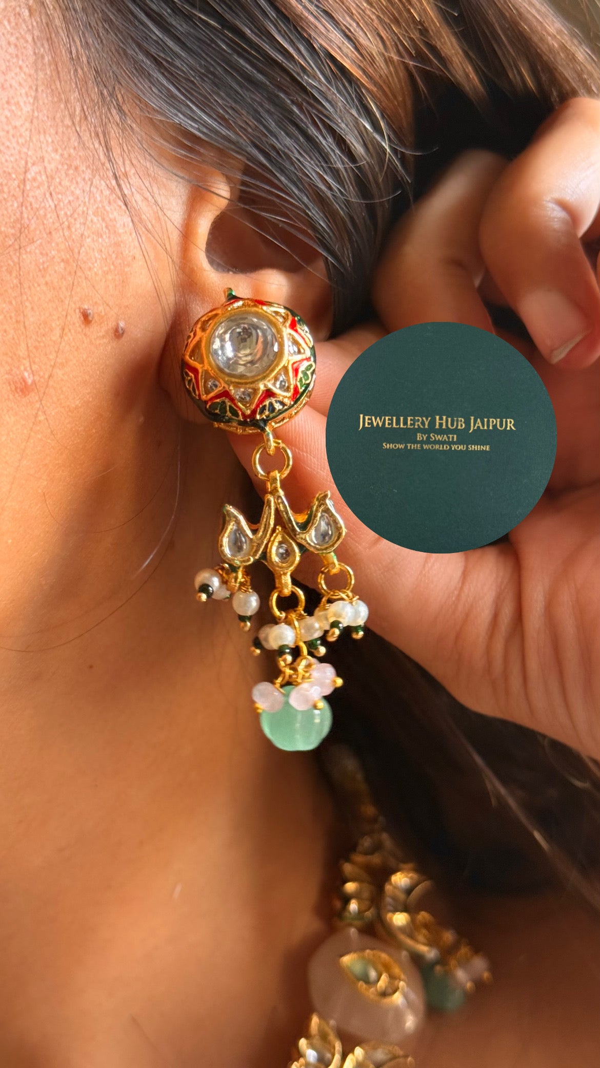 Rose quartz inlay work with mint drop & paachi collar set