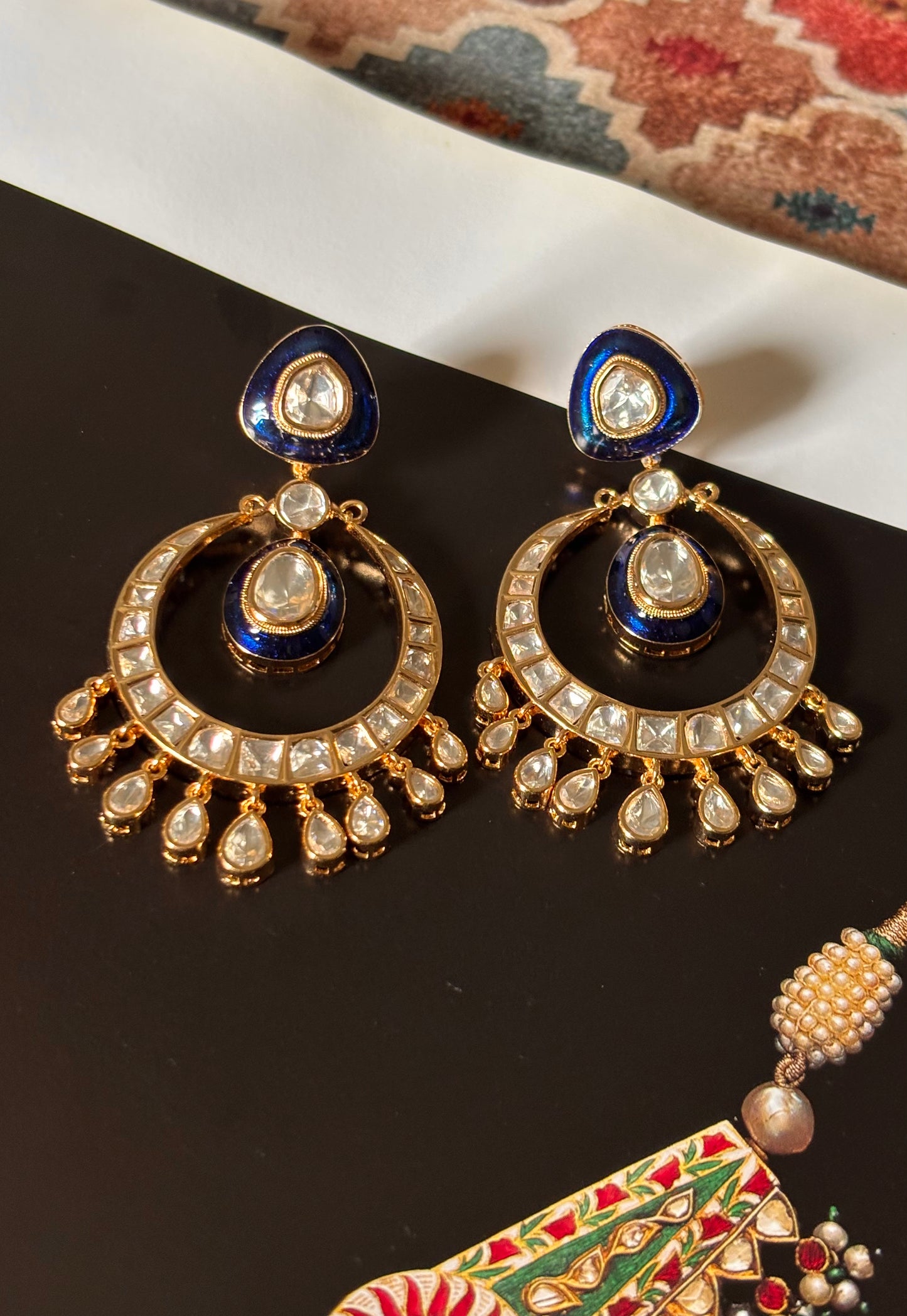Sapphire meenakari with uncut polki Chandbali earrings