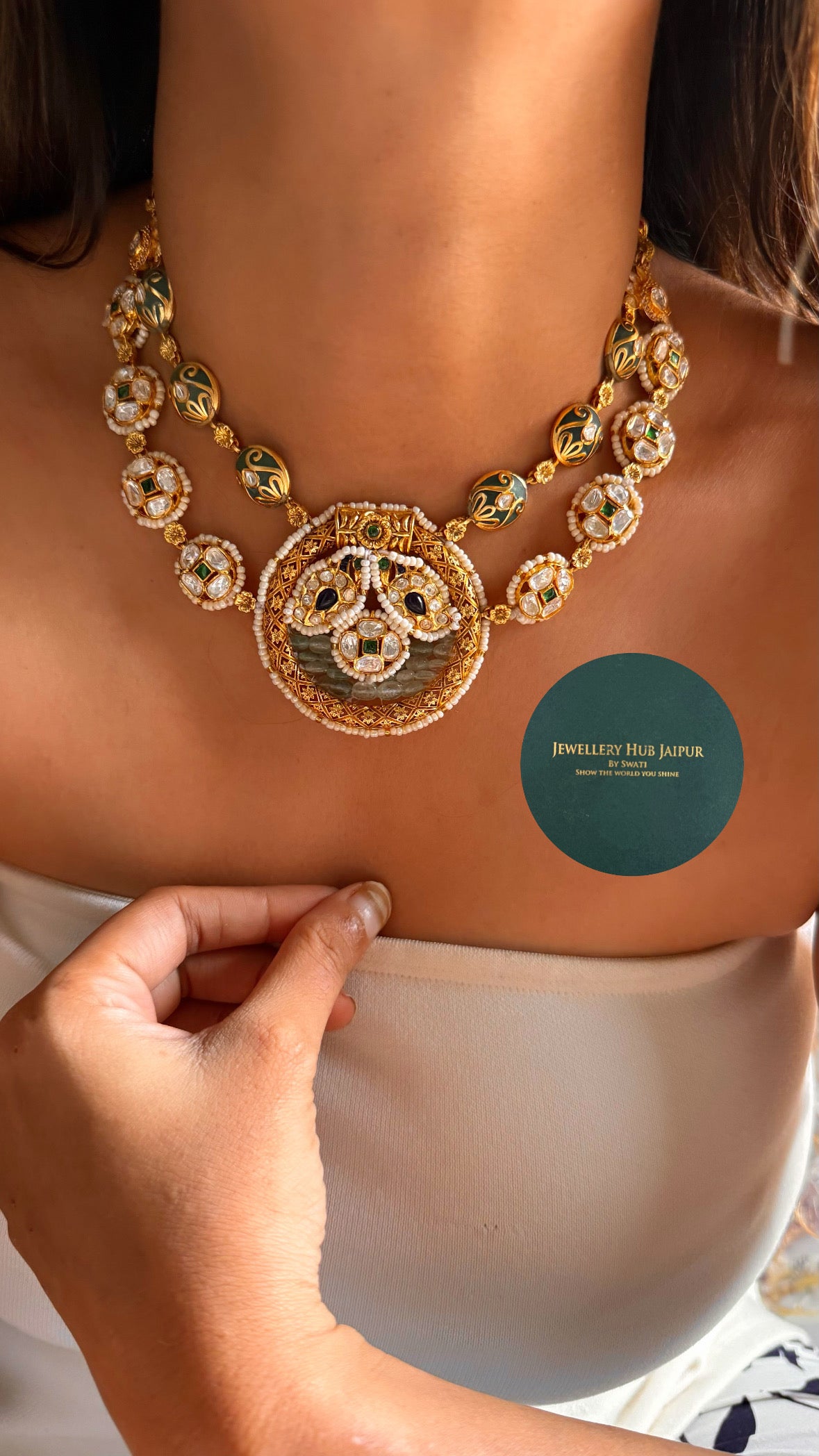 Heritage sapphire & mint inlay with uncut polki double layer collar set