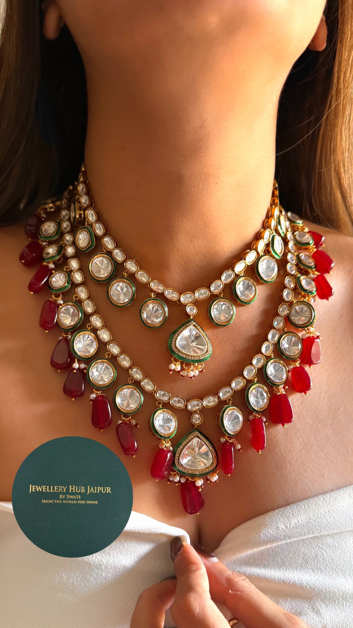 Emerald meenakari polki dual layer with ruby drops set