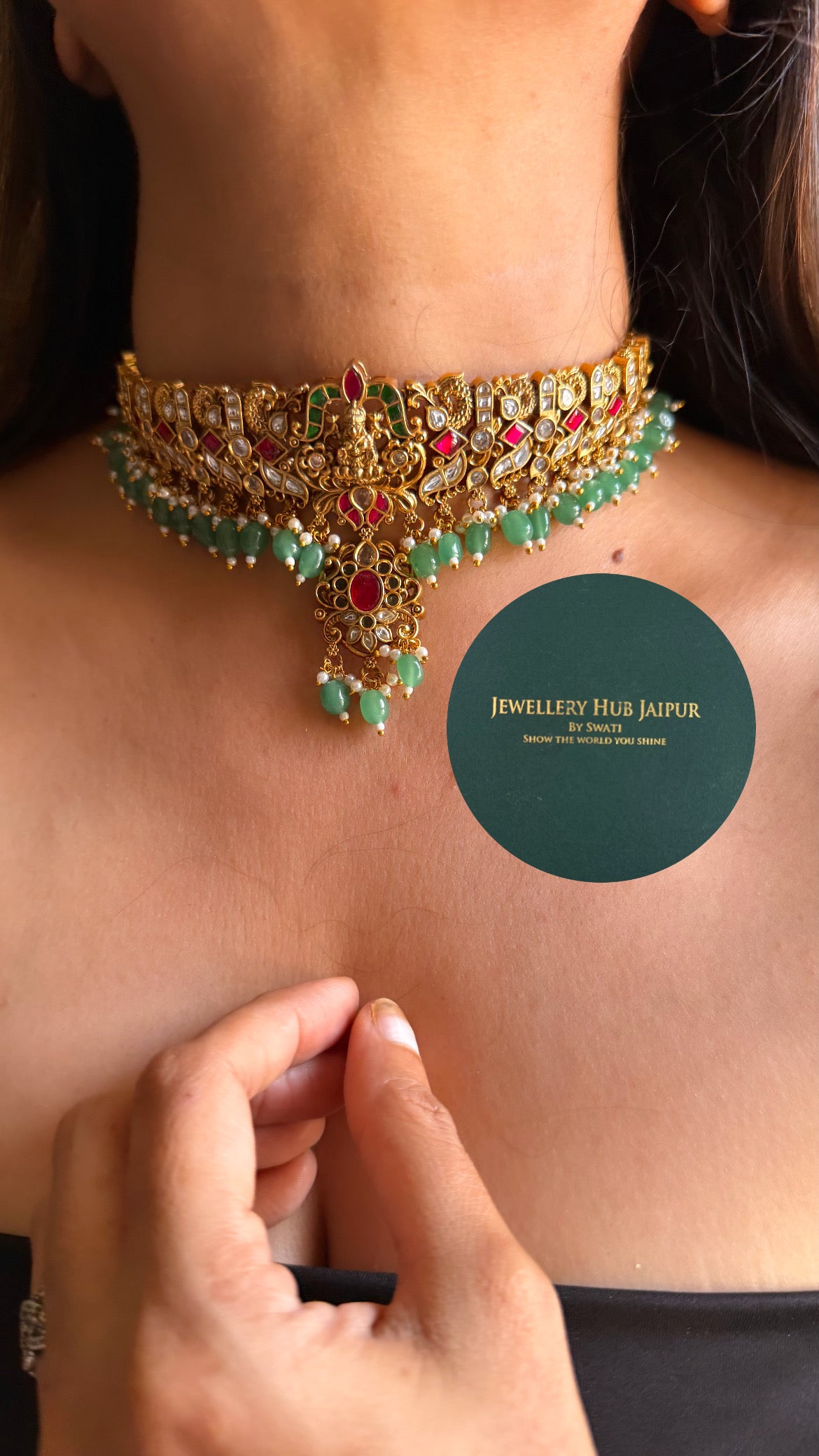 Goddess laxmi & rani pink & emerald with mint drop temple choker set