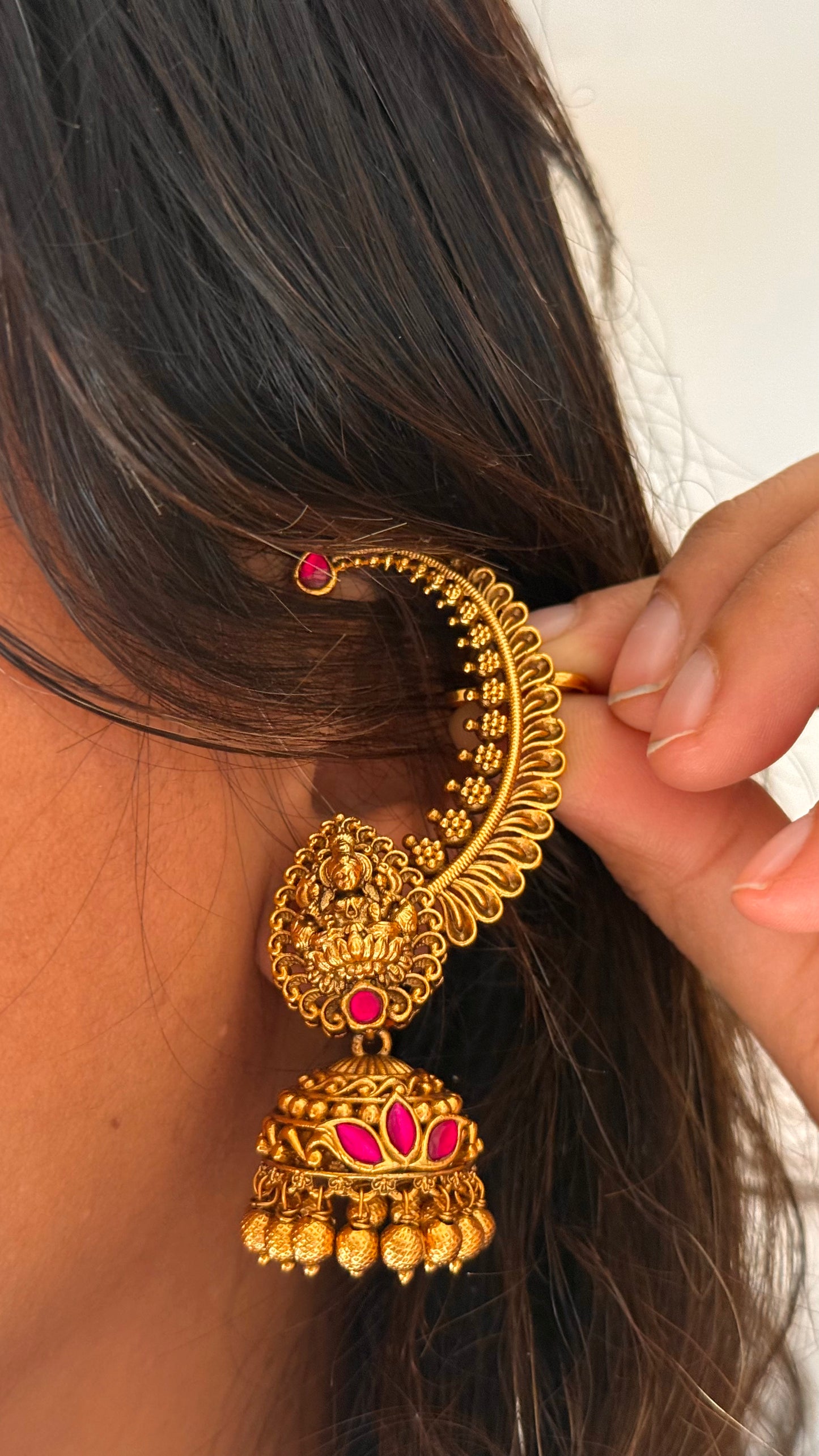 Goddess Laxmi Rani pink ear cuff temple Jhumka with golden drops