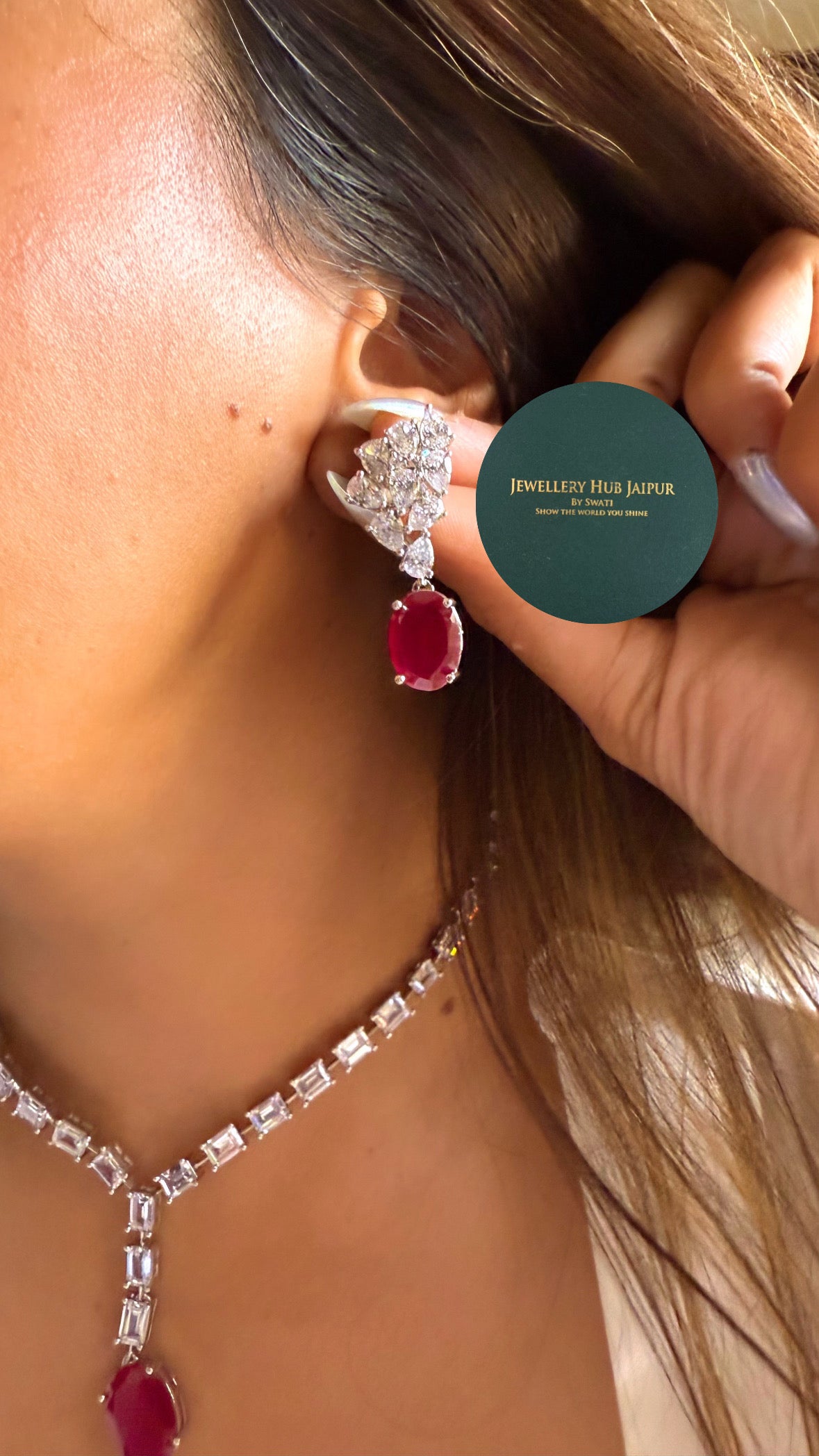 Cz diamonds Ruby doublet drop necklace