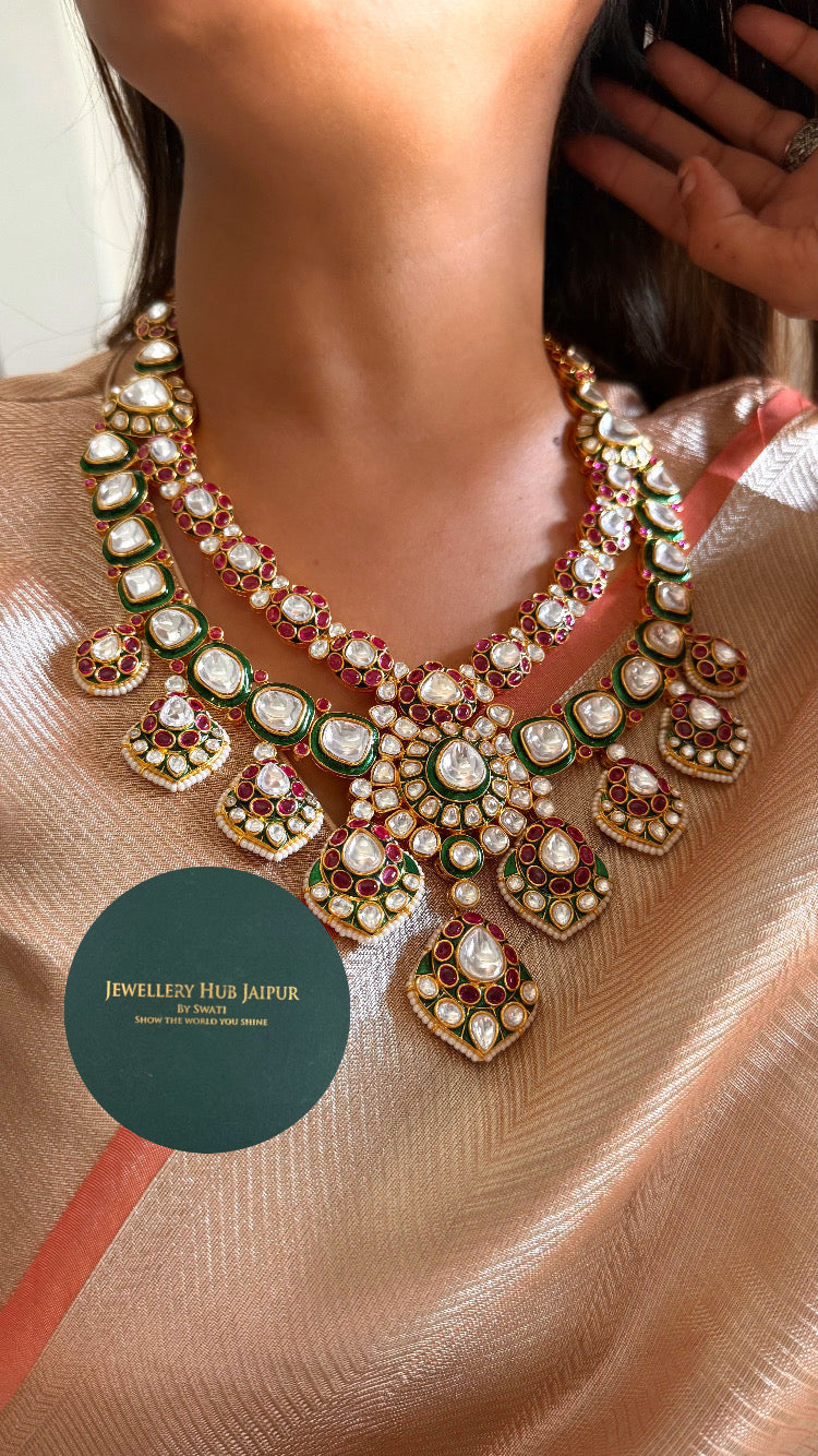 Sneha Emerald meenakari & ruby moissanite uncut polki designer necklace