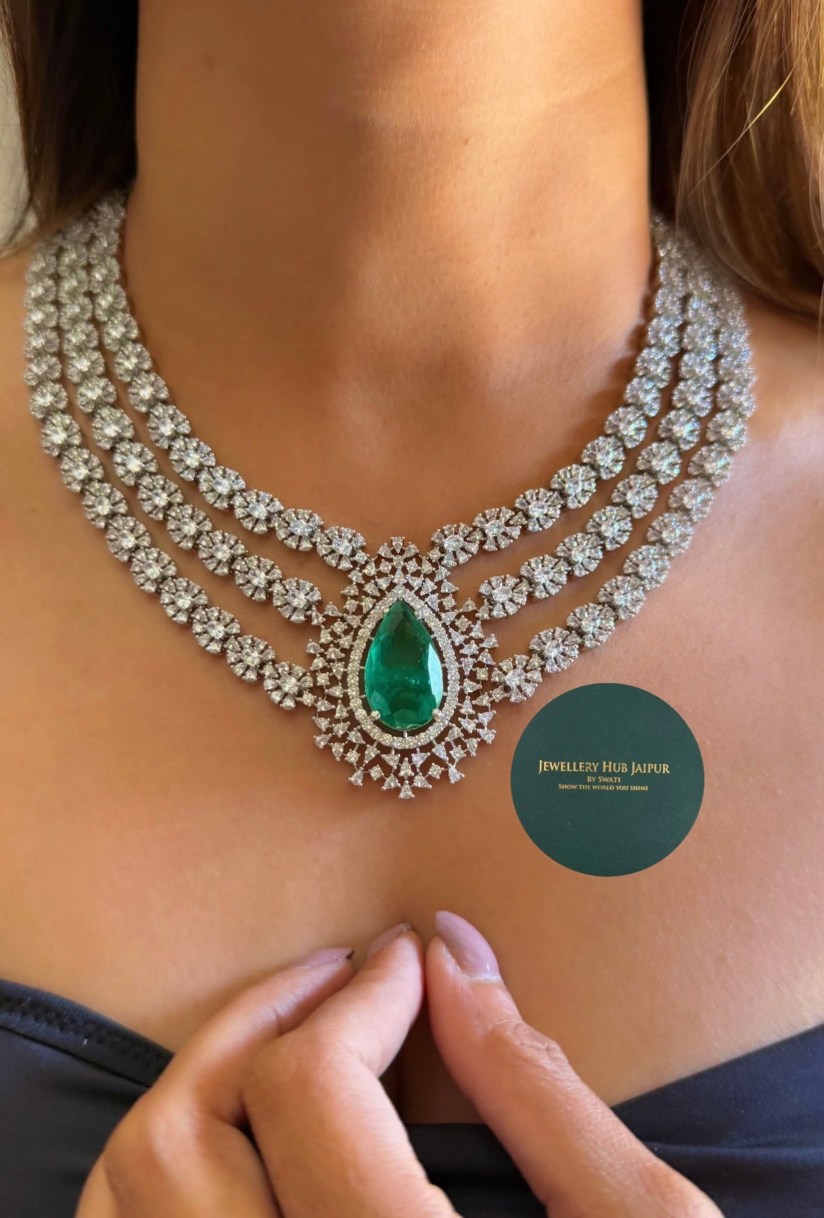 Emerald drop doublet triple layer diamond necklace