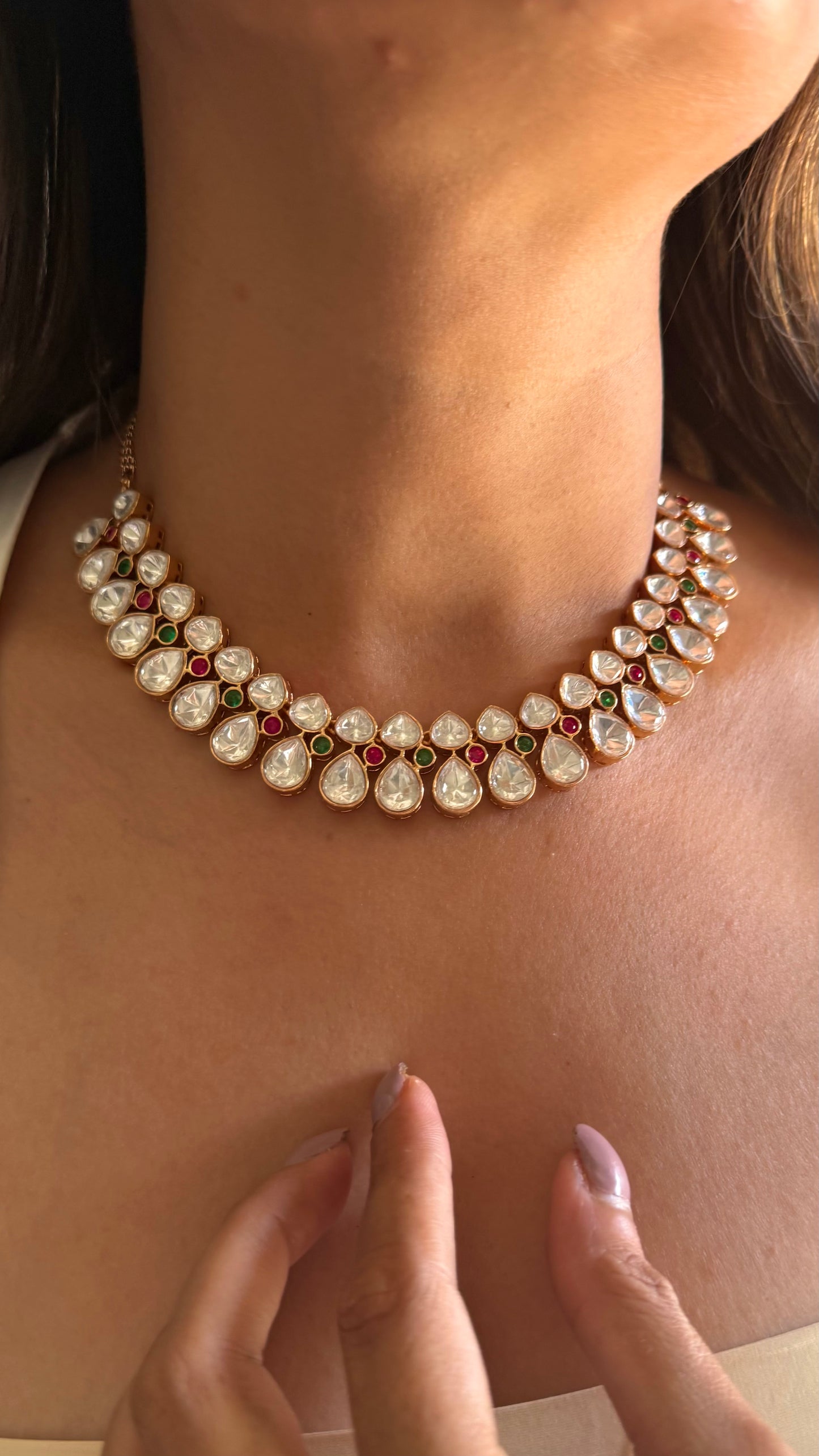 Ruh Moissanite heritage polki emerald ruby necklace with earrings