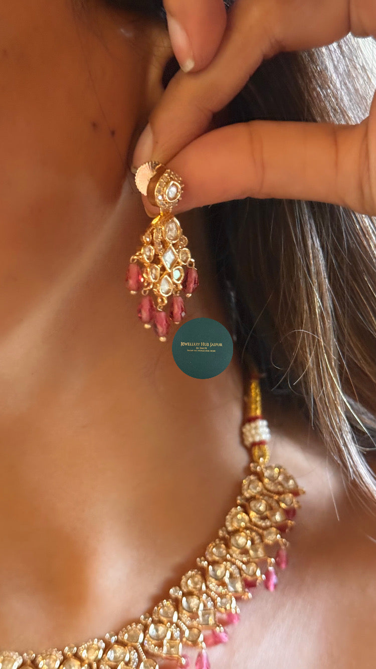 Moissanite polki with rani pink drops collar set