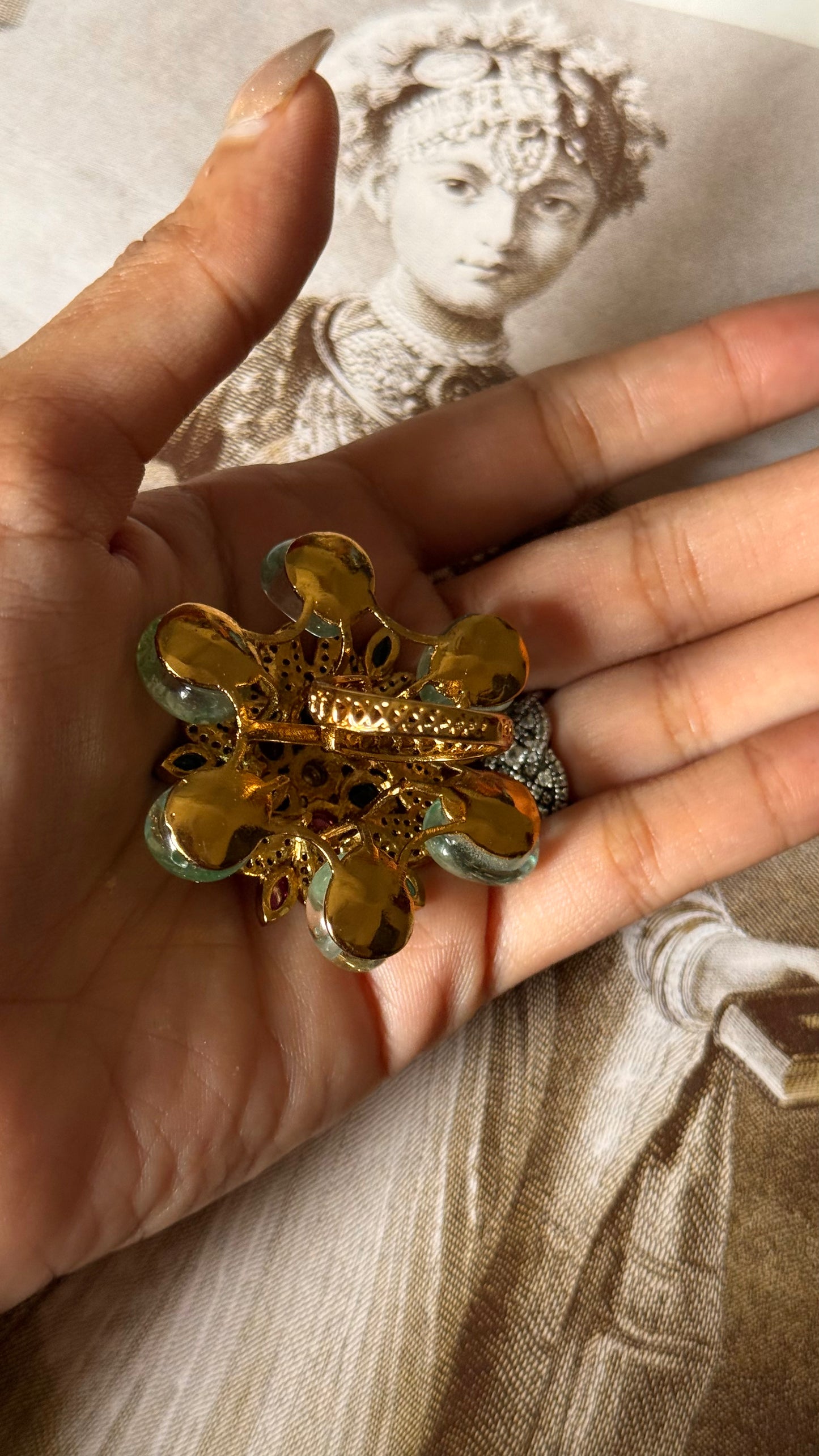 Mint, emerald & rani pink floral adjustable ring